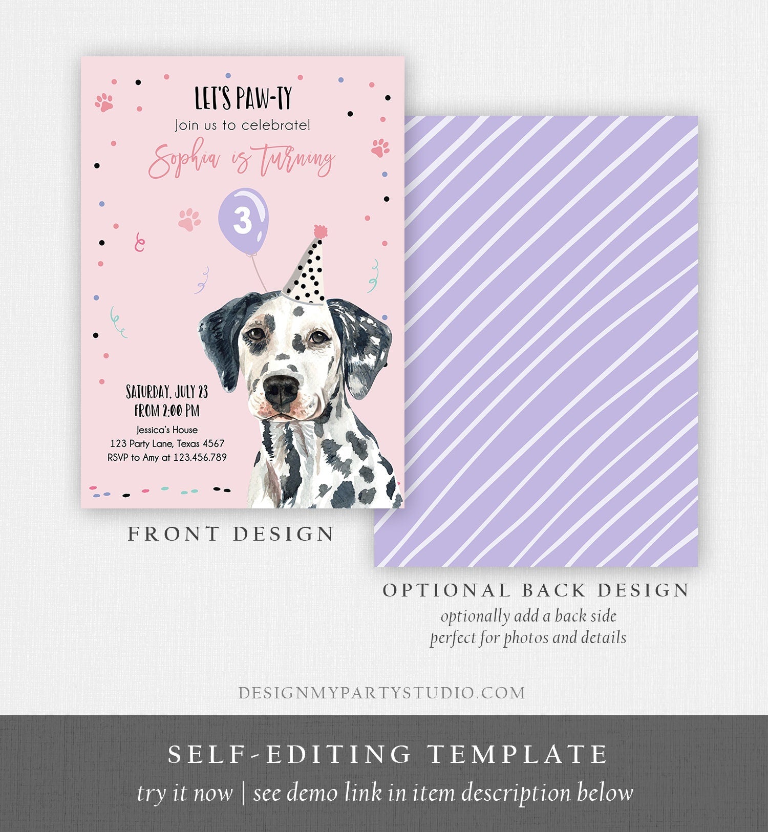Editable Dog Birthday Party Invitation Dalmatian Birthday Pink Girl Come Sit Stay Party Animal Digital Download Template Printable 0384