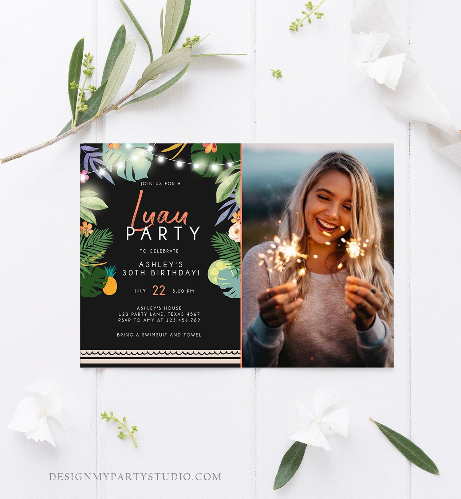 Editable Tropical Luau Birthday Invitation Tropical Party Adult Birthday Man Woman Leaves Hawaiian Download Evite Template Printable 0183