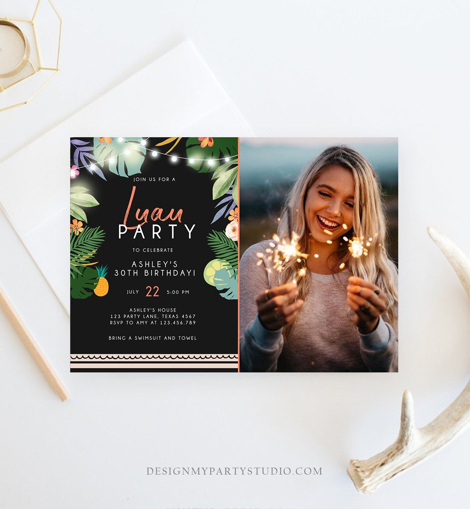 Editable Tropical Luau Birthday Invitation Tropical Party Adult Birthday Man Woman Leaves Hawaiian Download Evite Template Printable 0183