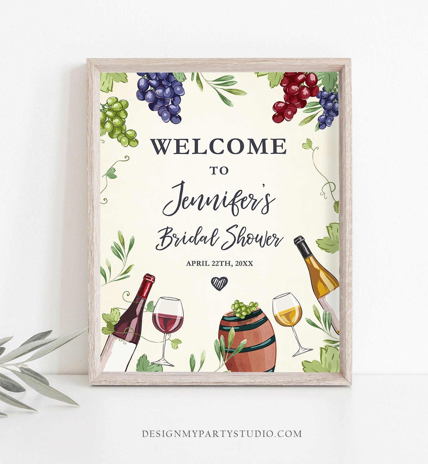 Editable Wine Welcome Sign Couples Shower Welcome Cheers to Love Brunch Bubbly Grapes Bottle White Red Floral Corjl Template Printable 0234