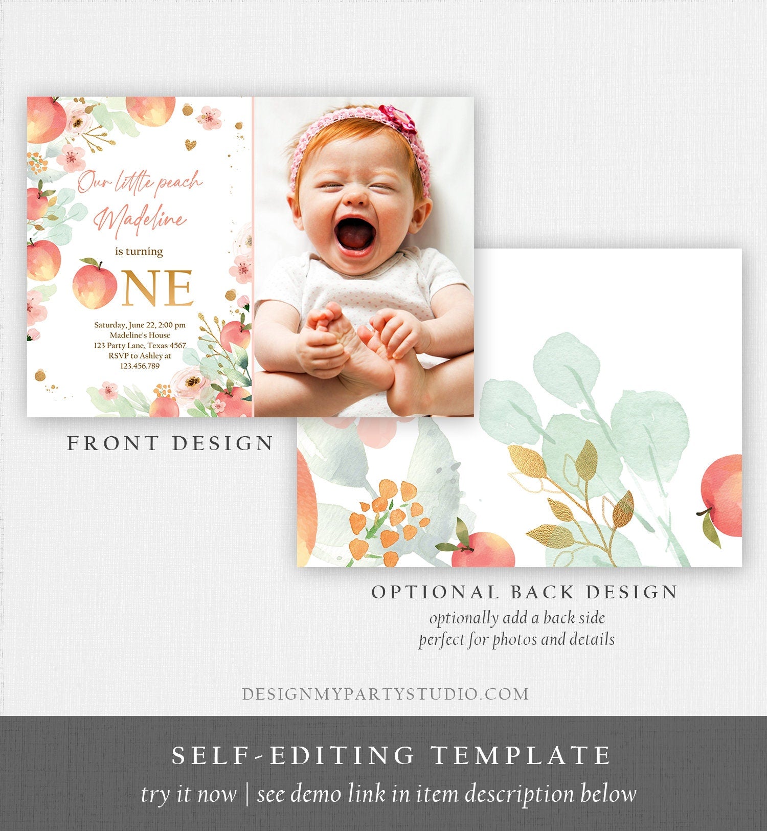Editable Little Peach Birthday Invitation First Birthday Floral Gold Girl Peach 1st Peaches Digital Download Evite Template Printable 0401