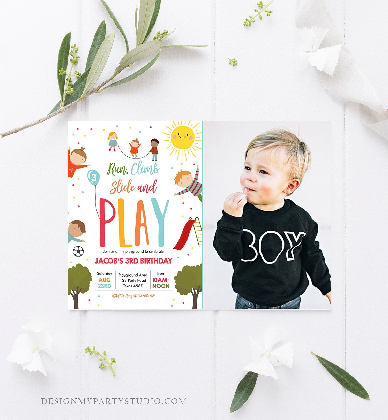 Editable Playground Birthday Invitation Party In The Park Boy Blue Run Climb Slide and Play Digital Download Template Printable 0327