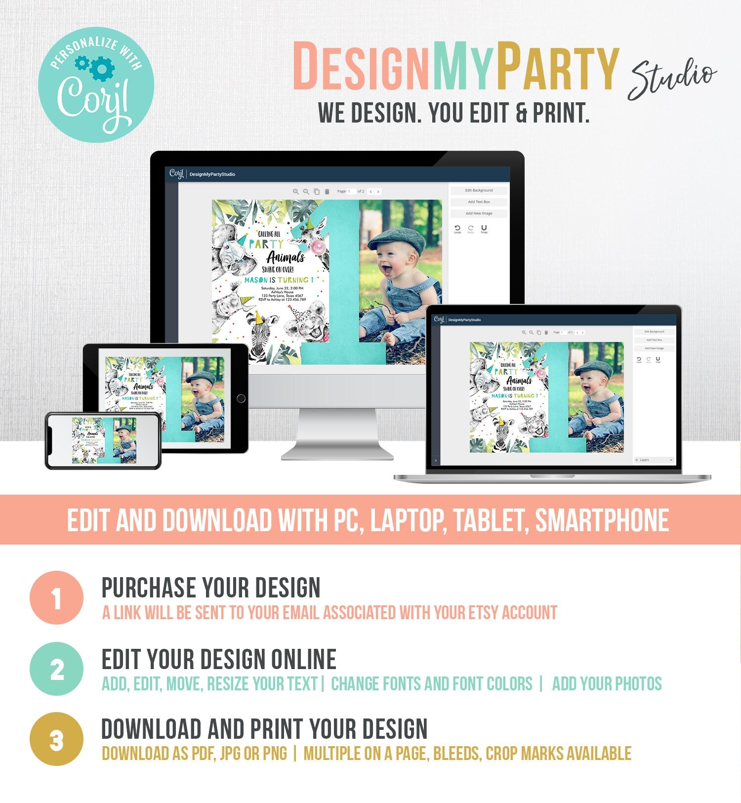 Editable Party Animals First Birthday Invitation Boy Safari Animals Wild One Calling all Animals Zoo Download Corjl Template Printable 0322