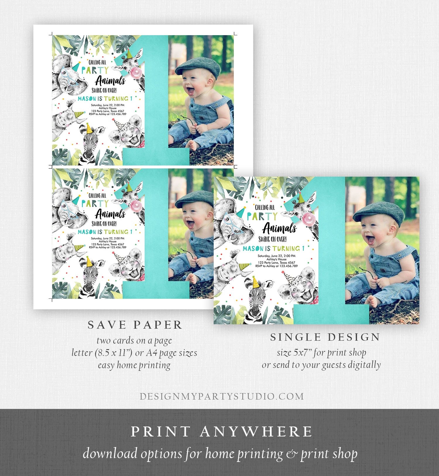 Editable Party Animals First Birthday Invitation Boy Safari Animals Wild One Calling all Animals Zoo Download Corjl Template Printable 0322