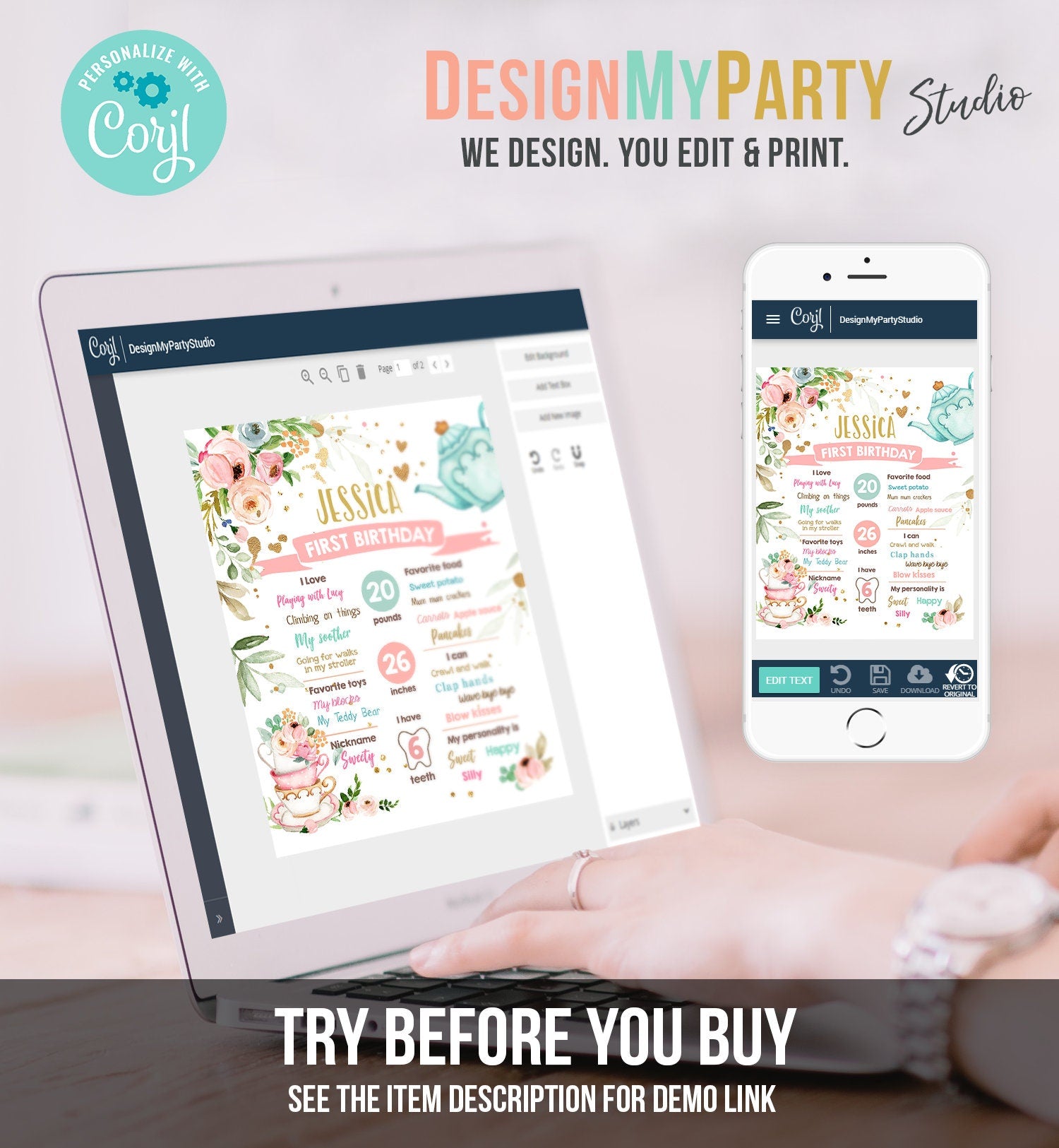 Editable Tea Party Birthday Milestones Sign Par-tea Tea for Two Girl 1st Birthday Floral Pink Garden Party Template Printable Corjl 0349