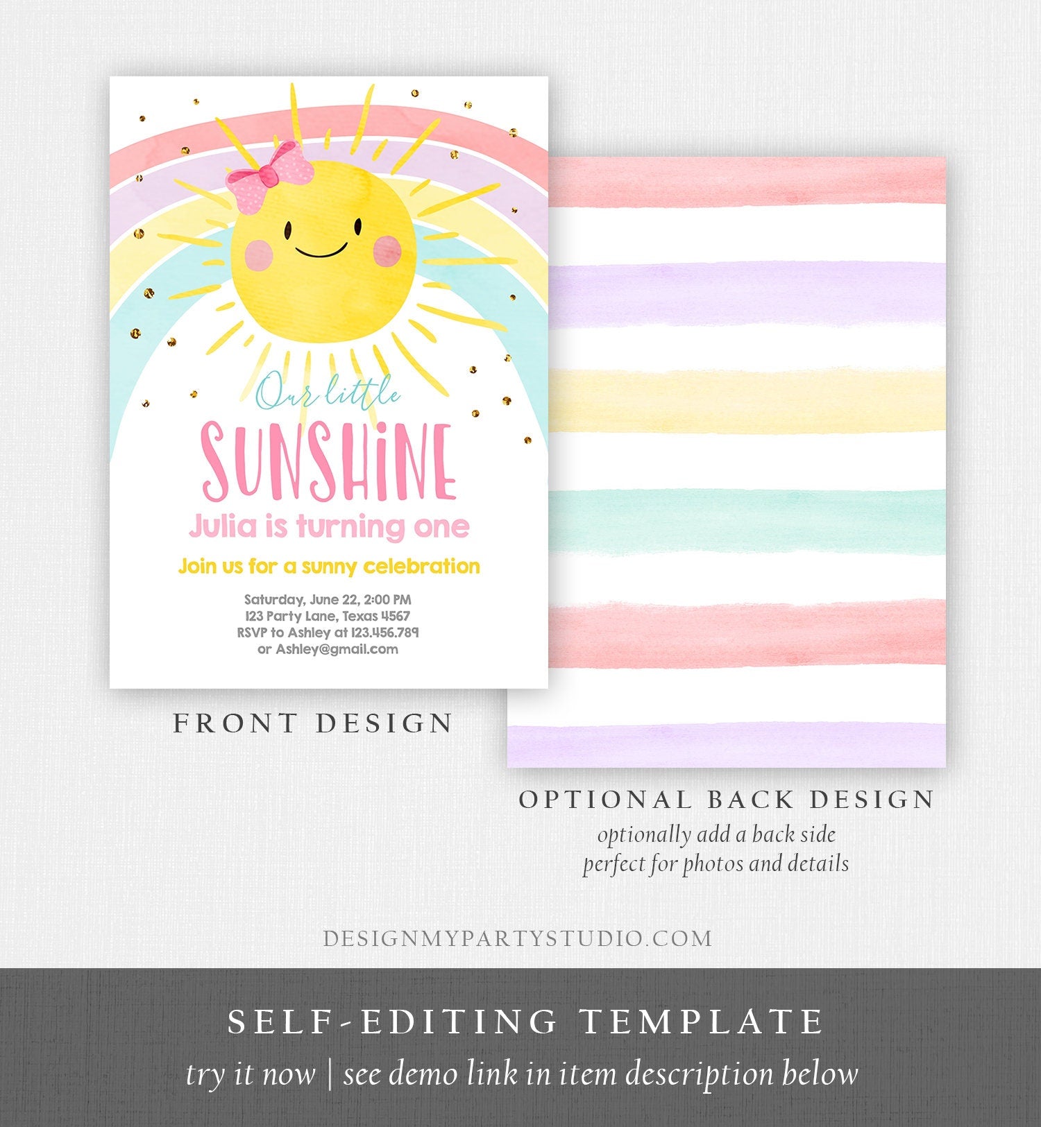 Editable Sunshine and Rainbow Birthday Invitation Pastel Rainbow Birthday Sunshine 1st Birthday Party Girl Digital Template Printable 0402