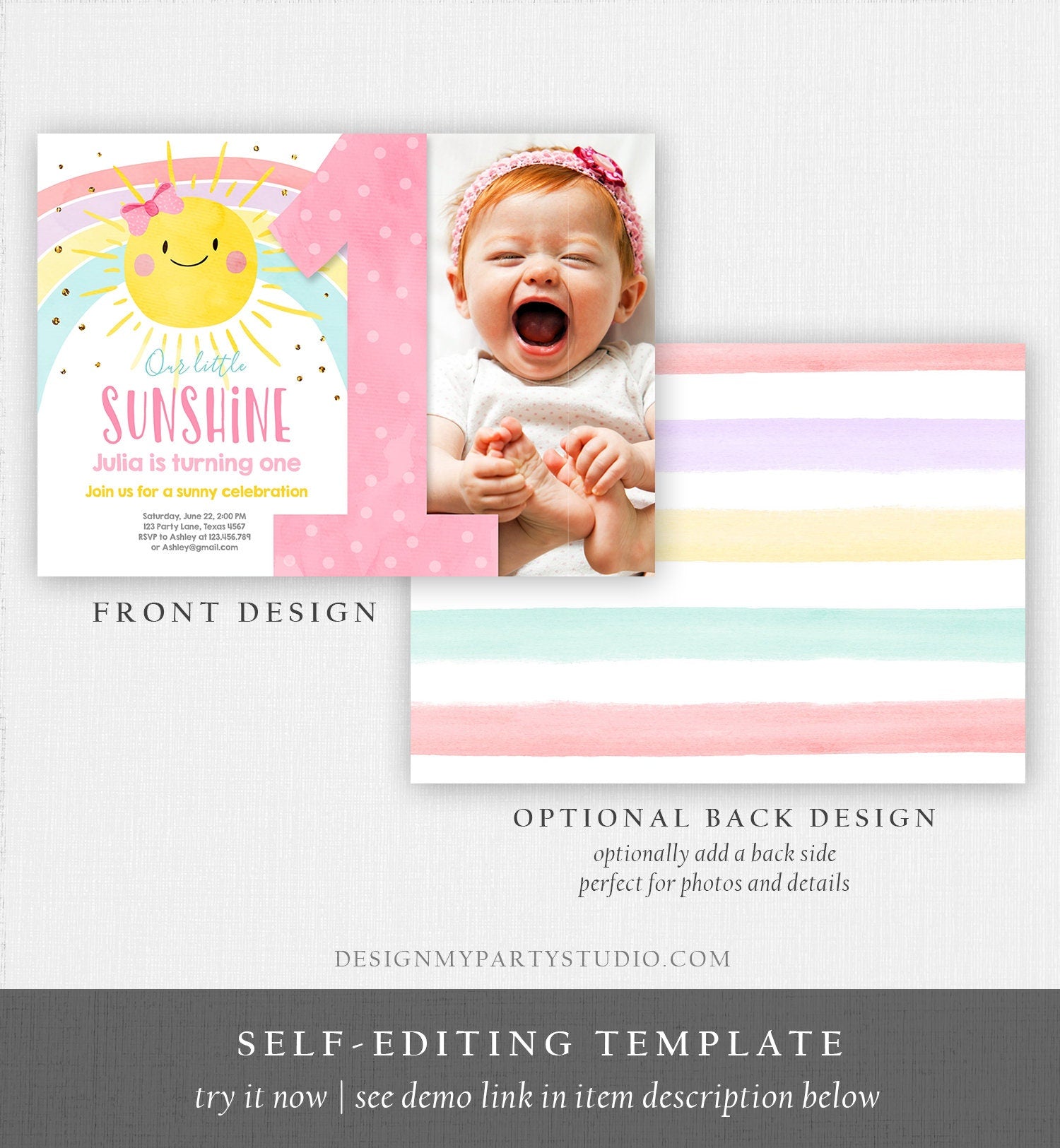 Editable Sunshine Birthday Invitation Pastel Rainbow Birthday Sun 1st Birthday Party Girl Download Evite Digital Download Template 0402
