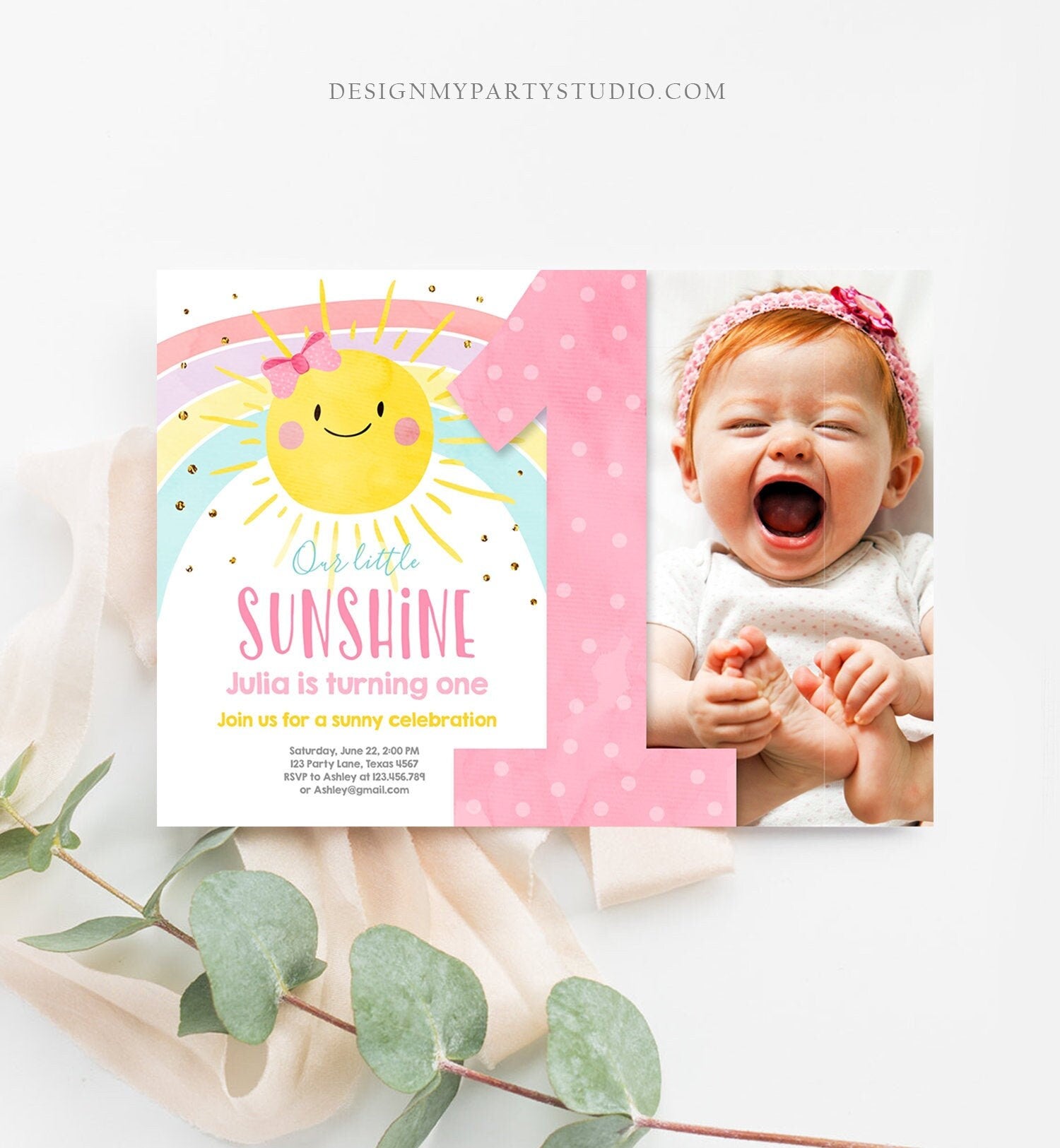 Editable Sunshine Birthday Invitation Pastel Rainbow Birthday Sun 1st Birthday Party Girl Download Evite Digital Download Template 0402