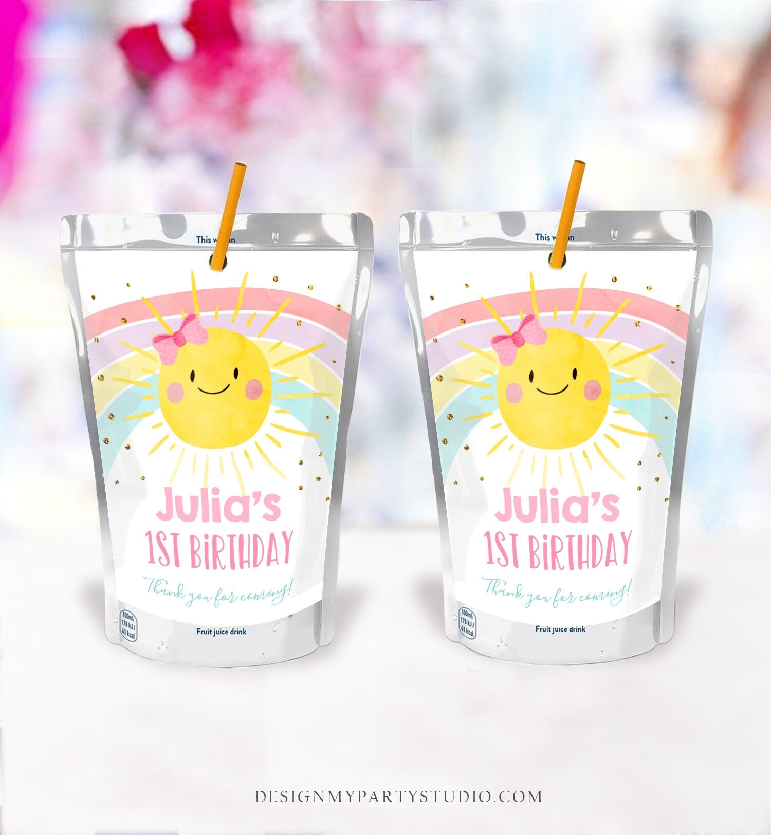 Editable Sunshine and Rainbow Capri Sun Labels Juice Pouch Labels Sunshine Birthday Girl Pink Gold Download Corjl Template Printable 0402