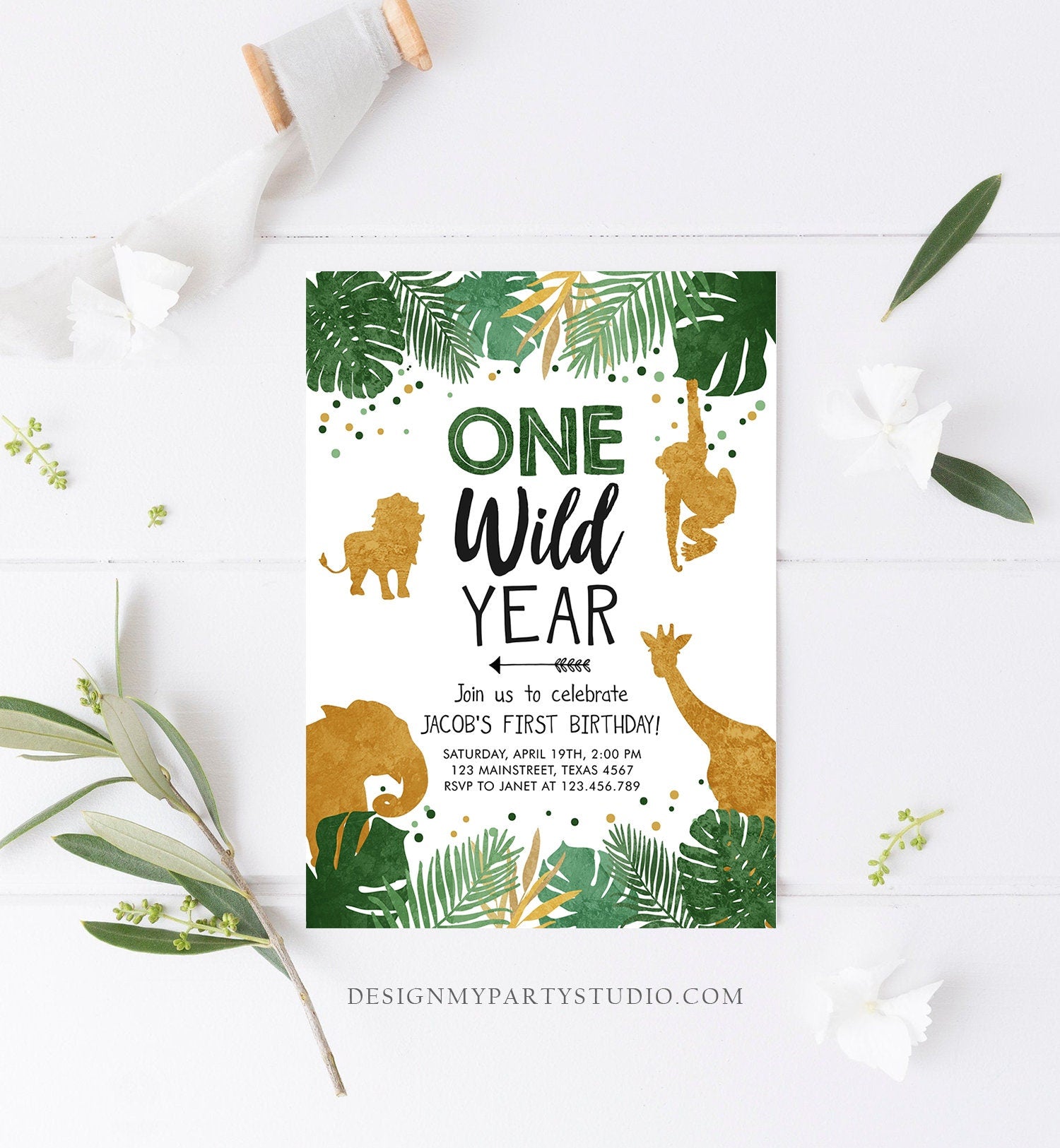 Editable Wild One Birthday Invitation Safari Animals Party Animals One Wild Year Black Gold First Birthday 1st Evite Template Printable 0016