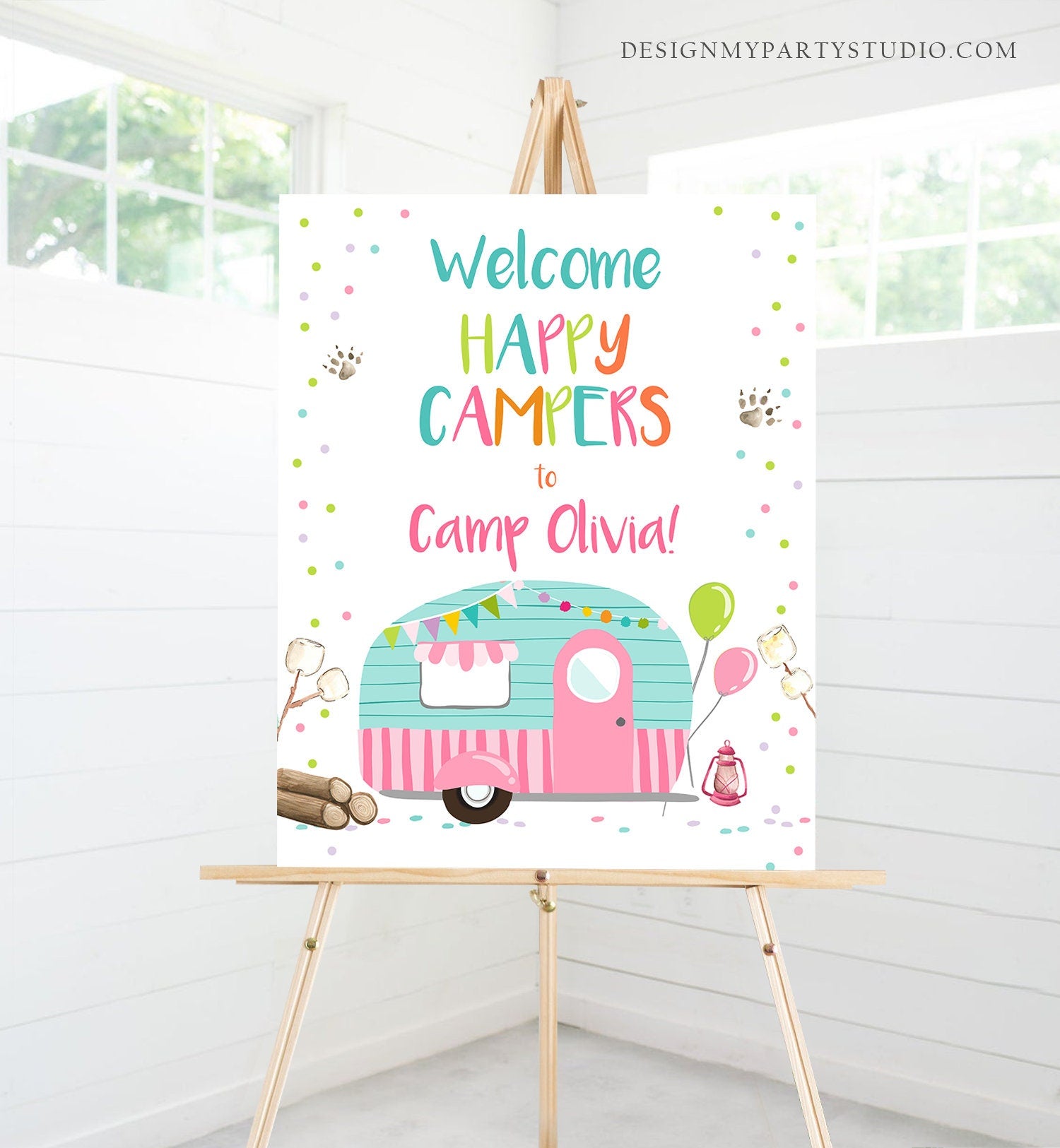 Editable Happy Camper Welcome Sign Camp Birthday Party Girl Pink Smores Bear Camping Glamping Outdoor Fishing Lumberjack Corjl Template 0342