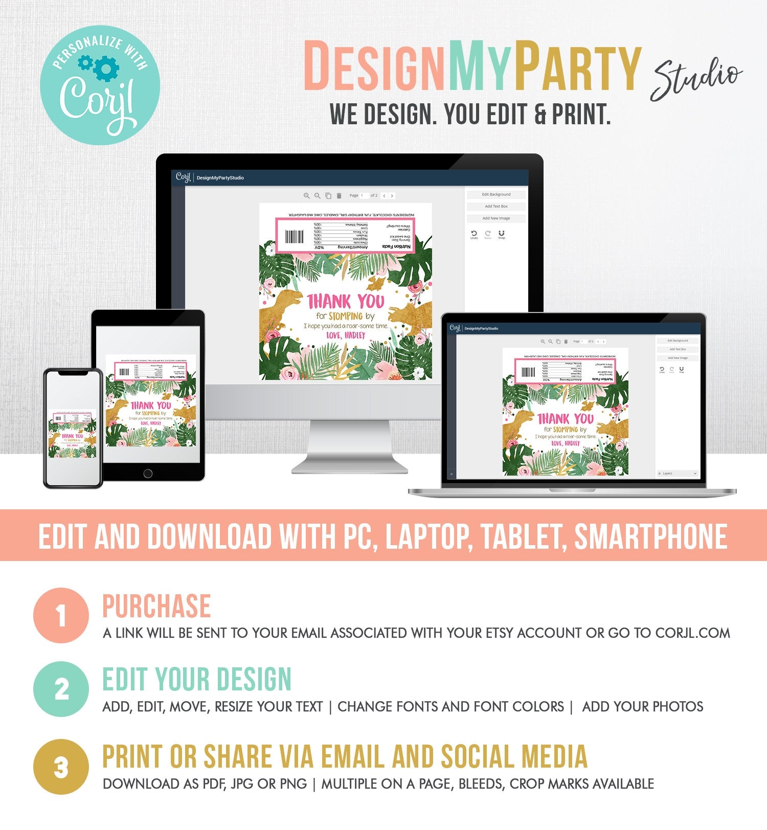 Editable Dinosaur Chocolate Bar Labels Candy Bar Wrapper Safari Tropical Gold Pink Girl Birthday Digital Download Template Printable 0146