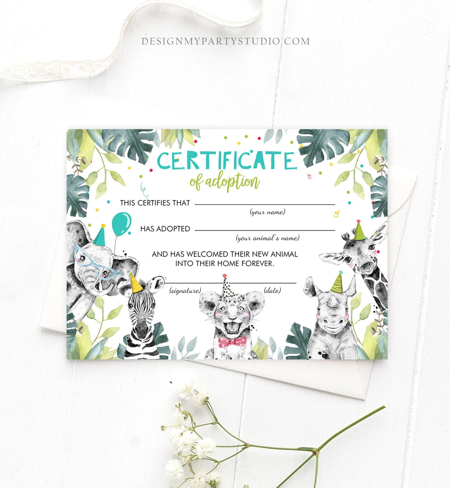 Adopt an Animal Adoption Certificate Safari Animals Adoption Wild One Birthday Party Animals Birthday Boy Download Digital PRINTABLE 0322