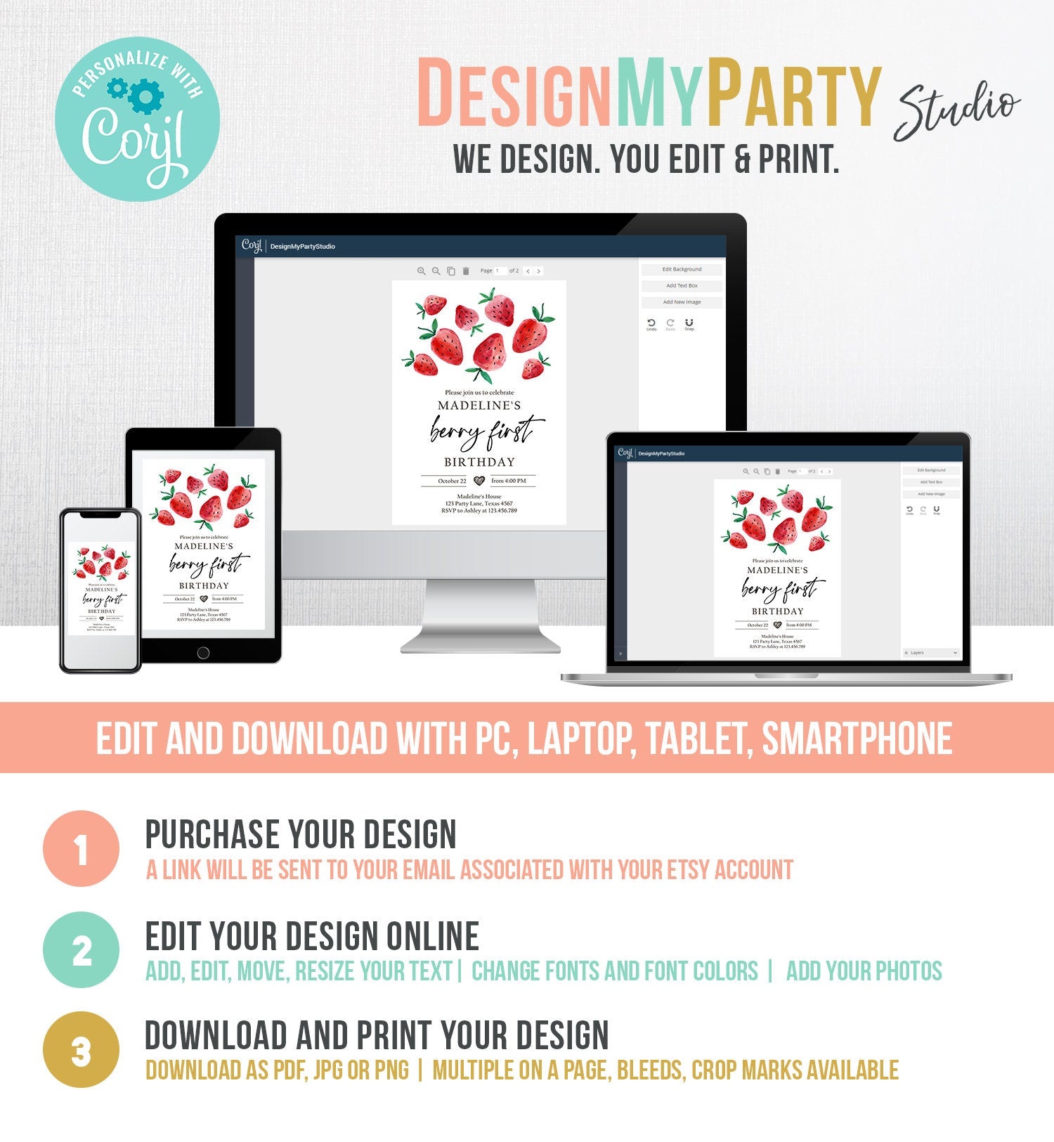 Editable Strawberry Birthday Invitation First Birthday Berry Sweet Girl Cute Strawberries 1st Digital Download Evite Template Printable 0399