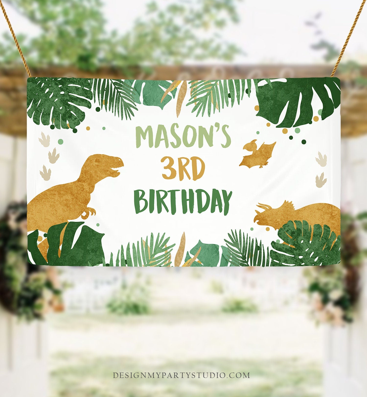 Editable Dinosaur Birthday Backdrop Banner Boy Gold Prehistoric Birthday Dino Party Welcome Sign Digital Download Template Printable 0146