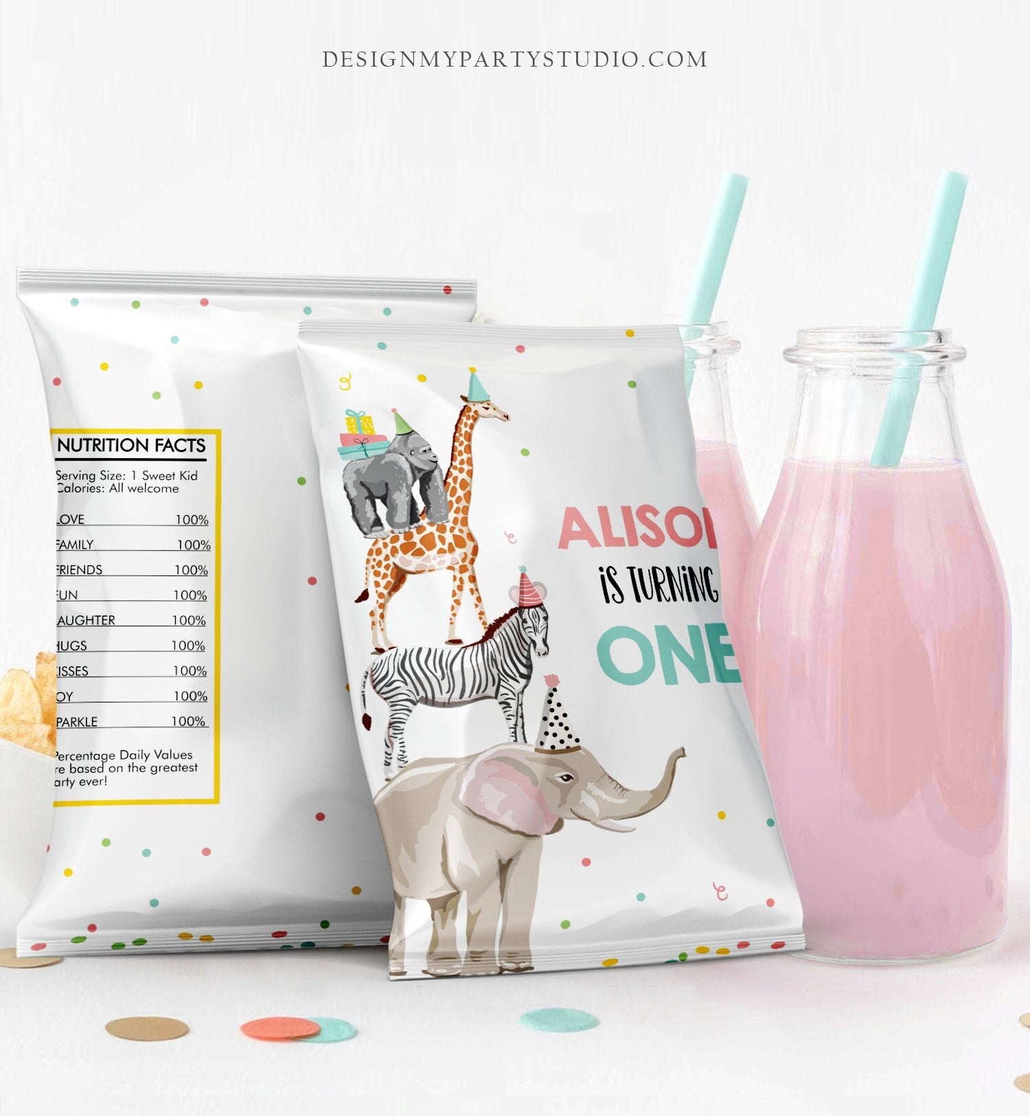 Editable Party Animals Birthday Chip Bag First Birthday Decor Girl Zoo Safari Animals Snack Favors Wild One Pink Digital Corjl Template 0142
