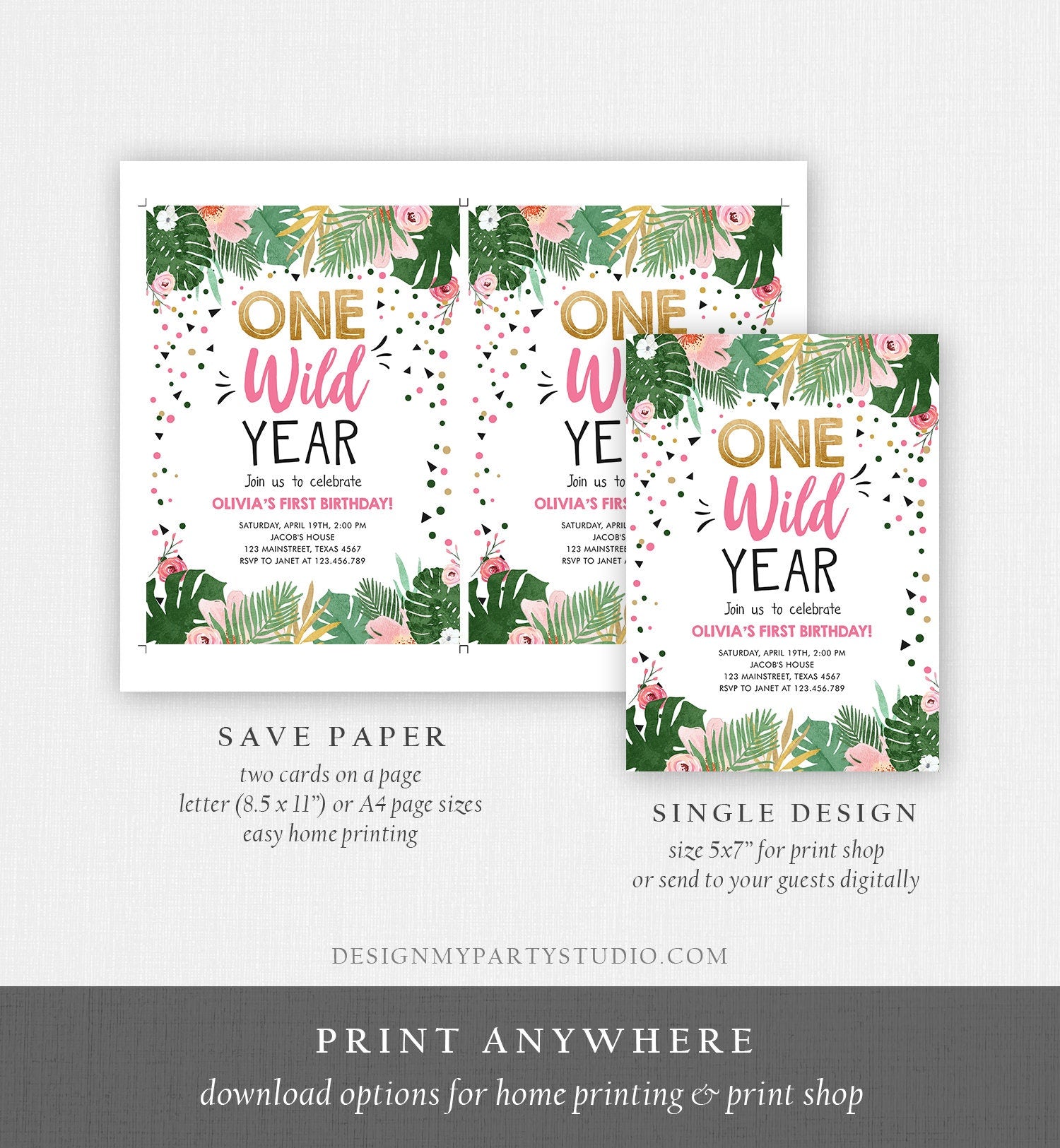 Editable One Wild Year Birthday Invitation Girl Tropical Safari Animals Party Pink Wild One Gold Digital Download Template Printable 0332