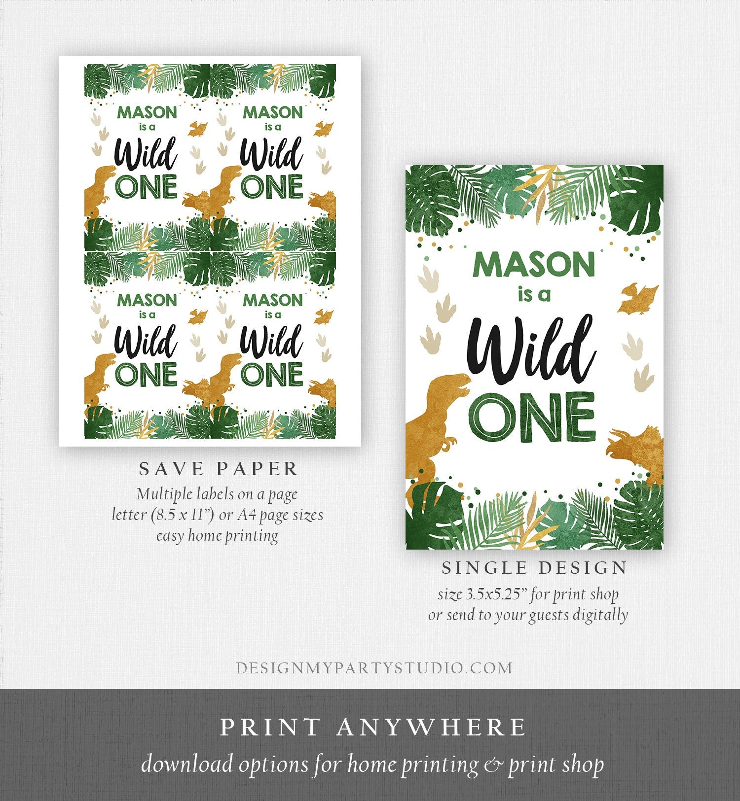 Editable Wild One Dinosaur Juice Pouch Label Juice Favors Gold Dino Boy Birthday T-Rex Dinosaur Digital Download Template Printable 0146