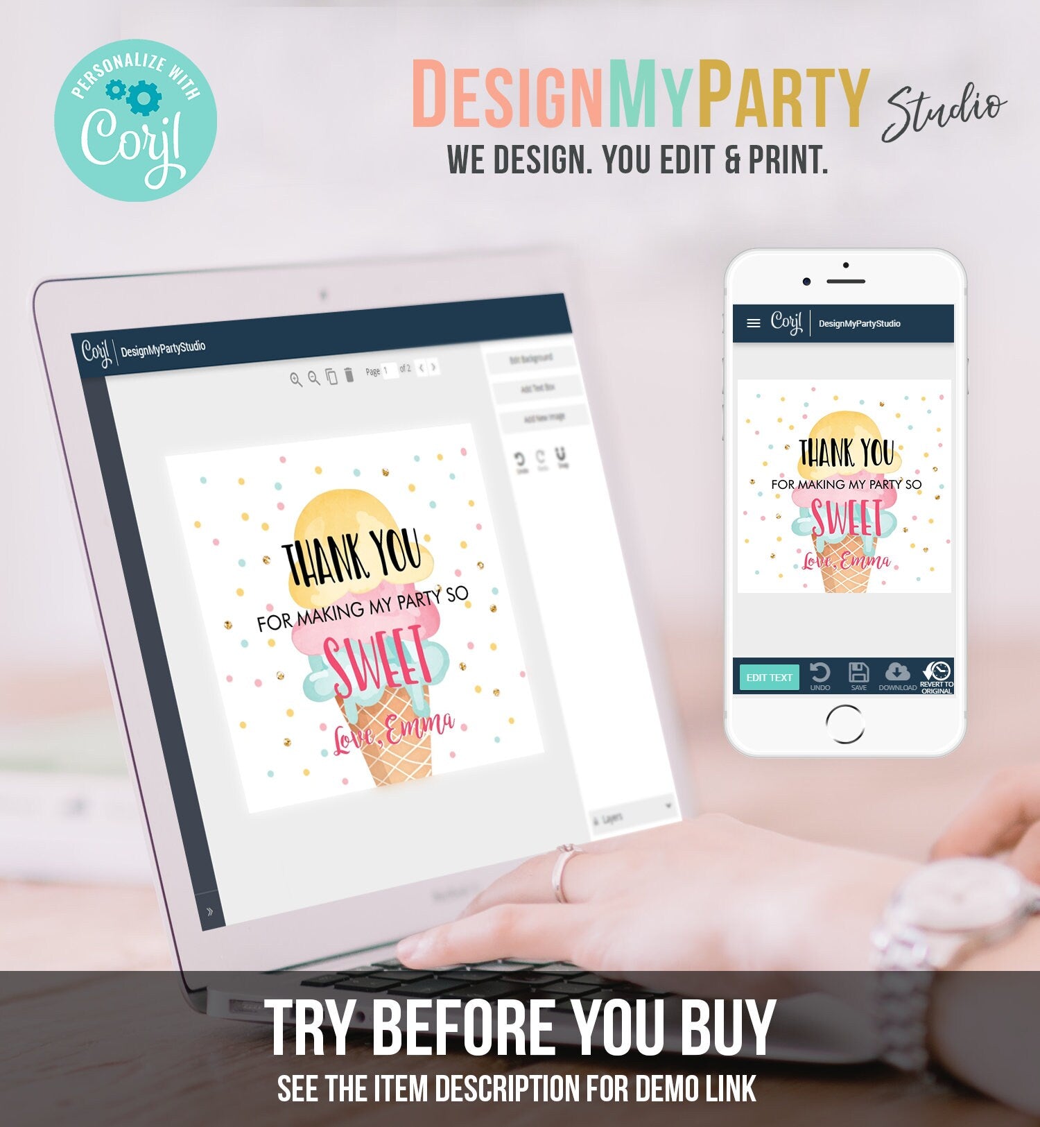 Editable Ice Cream Thank you Tags Round Ice Cream Stickers Ice Cream Birthday Girl Pink Mint Ice Cream Social Favor Tags Template Corjl 0243