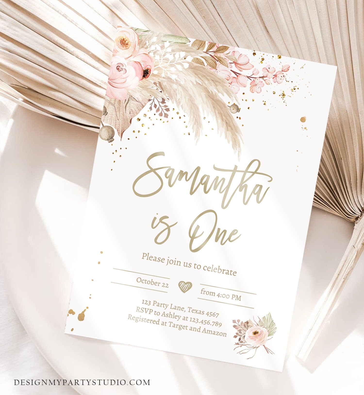 Editable Pampas Grass Birthday Invitation Boho Birthday Invite Bohemian Girl Muted Rustic Digital Download Evite Template Printable 0395