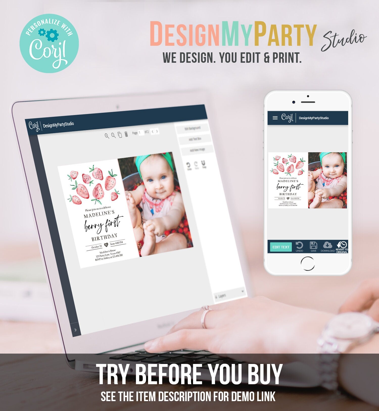 Editable Strawberry Birthday Invitation First Birthday Berry Sweet Girl Cute Strawberries 1st Digital Download Evite Template Printable 0399