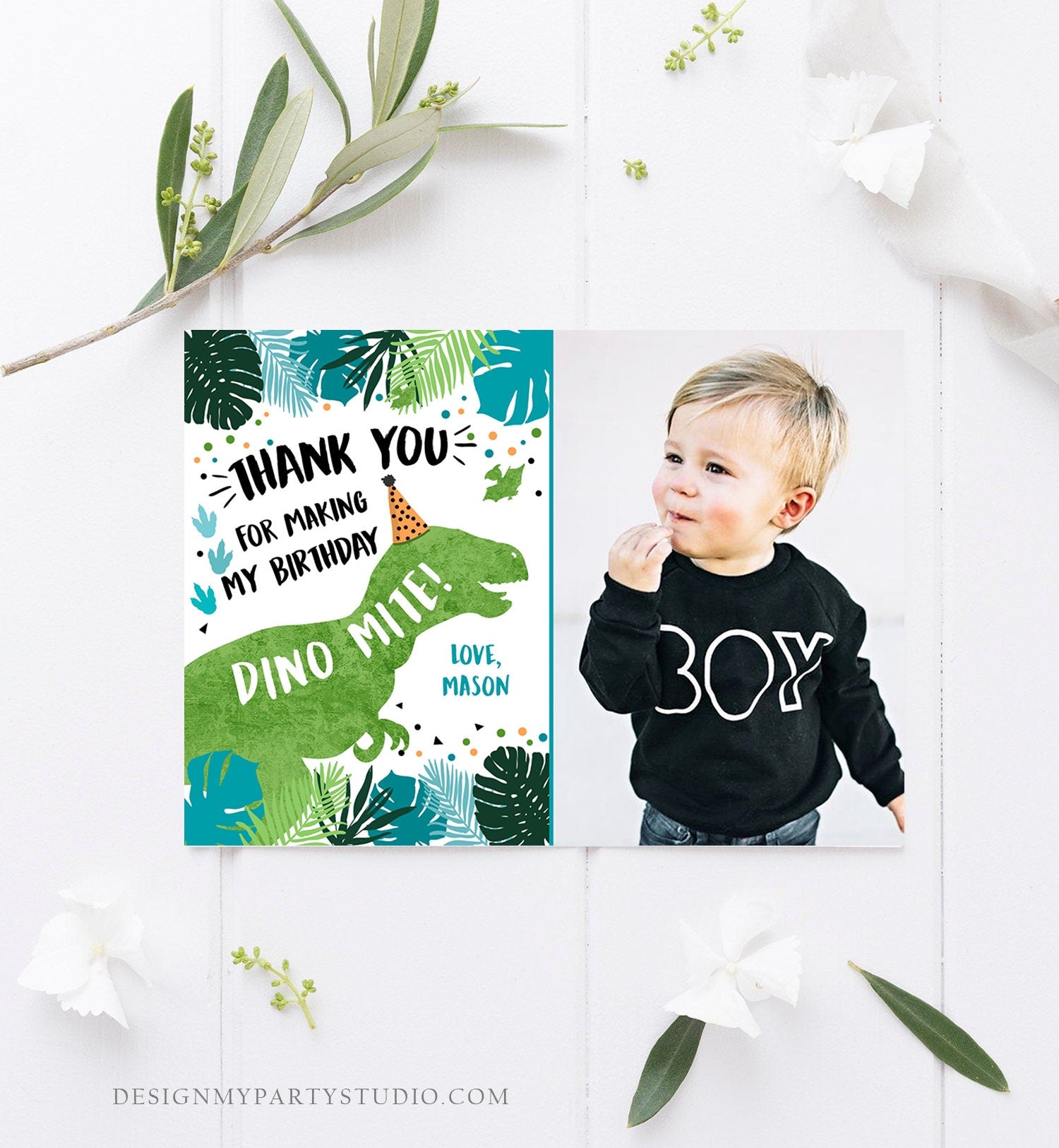 Editable Dinosaur Thank You Card Birthday Boy Black Green Gold Dino Party T-Rex Photo Download Printable Corjl Template Digital 0389