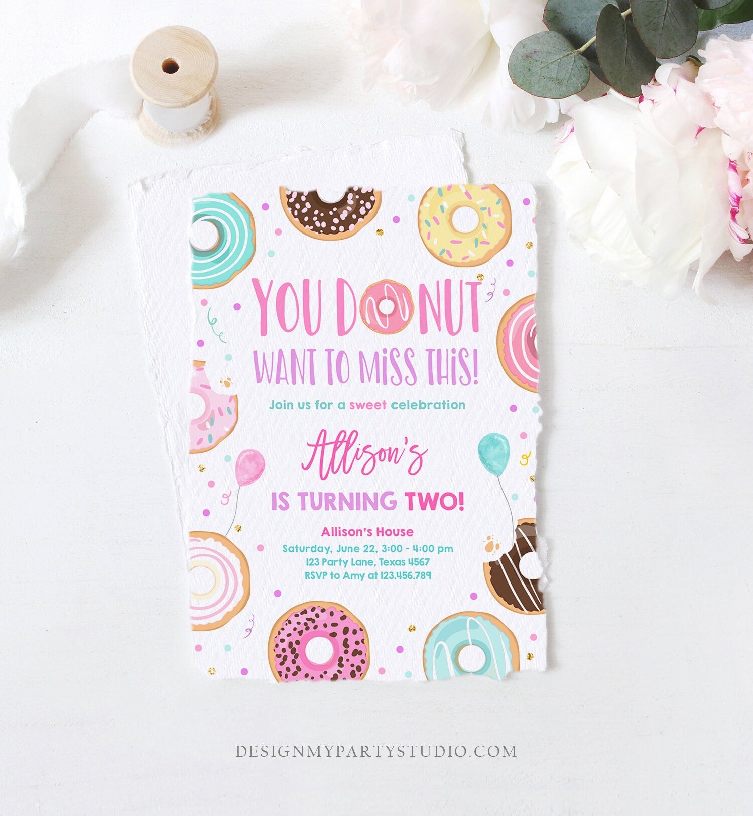 Editable Donut Want To Miss This Birthday Invitation Sweet Party Pink Gold Girl Doughnut Sweet One Digital Download Template Printable 0343