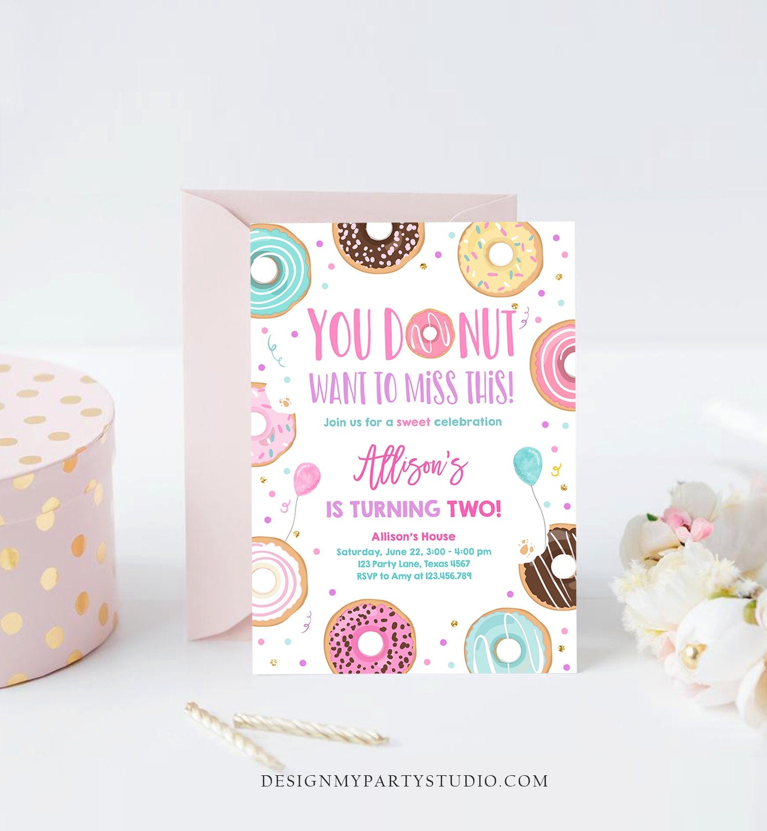 Editable Donut Want To Miss This Birthday Invitation Sweet Party Pink Gold Girl Doughnut Sweet One Digital Download Template Printable 0343