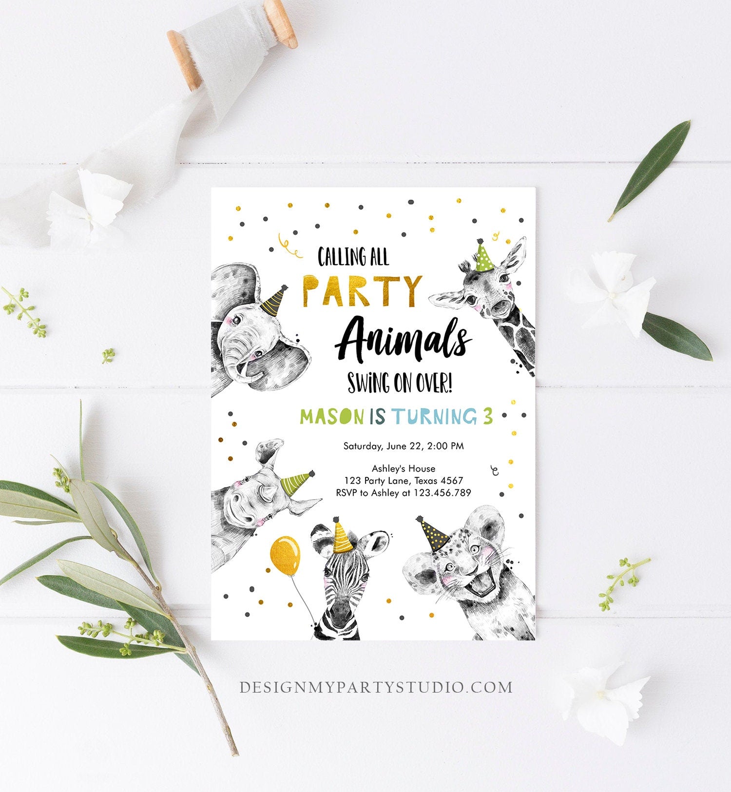 Editable Party Animals Birthday Invitation Wild One Animals Zoo Safari Animals Boy Digital Download Evite Template Printable 0390
