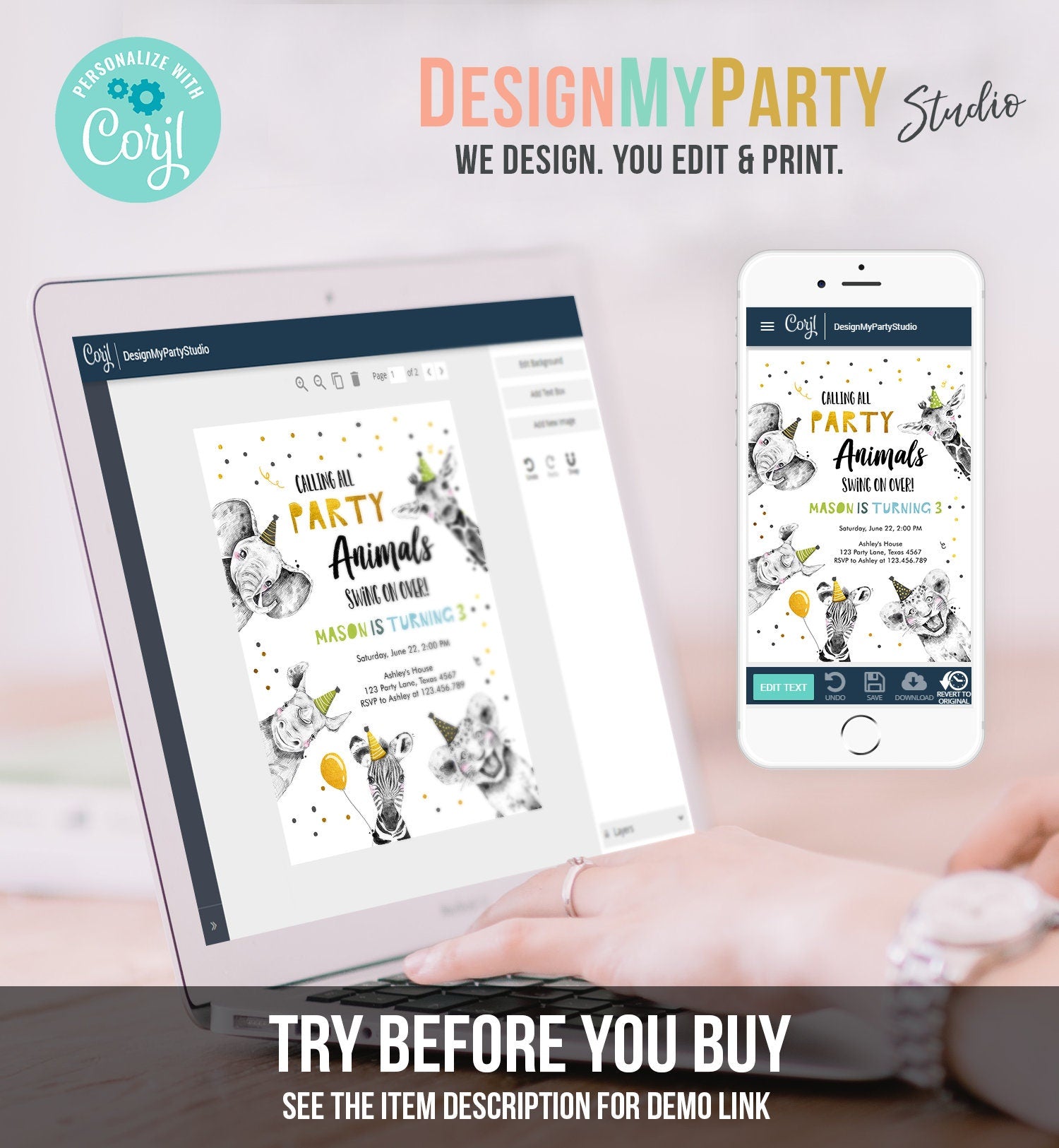 Editable Party Animals Birthday Invitation Wild One Animals Zoo Safari Animals Boy Digital Download Evite Template Printable 0390