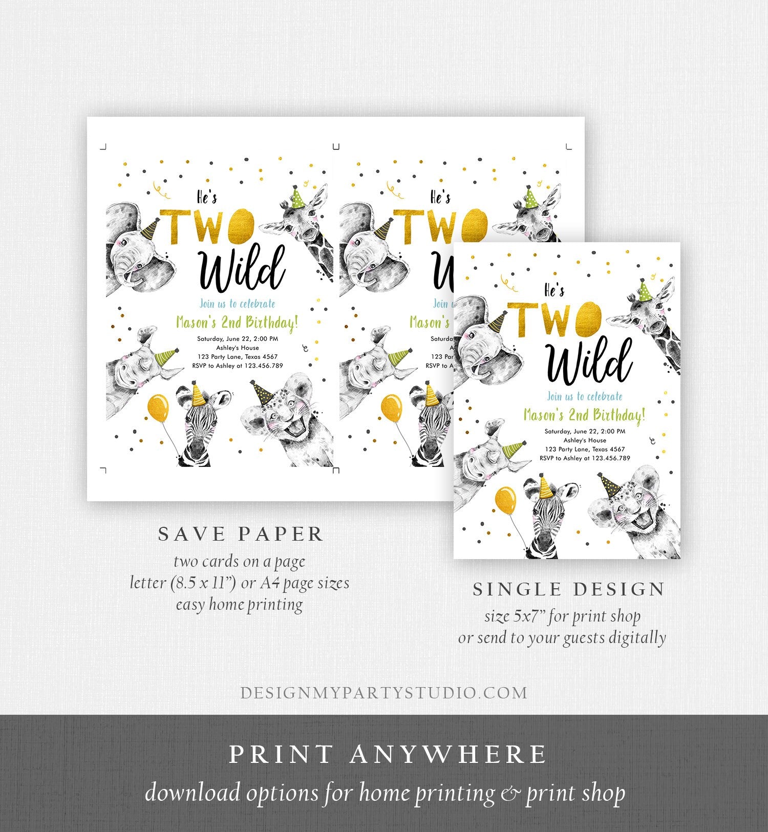 Editable Two Wild Birthday Invitation Safari Animals Party Animals Boy Green Gold Second Birthday 2nd Digital Evite Template Printable 0390