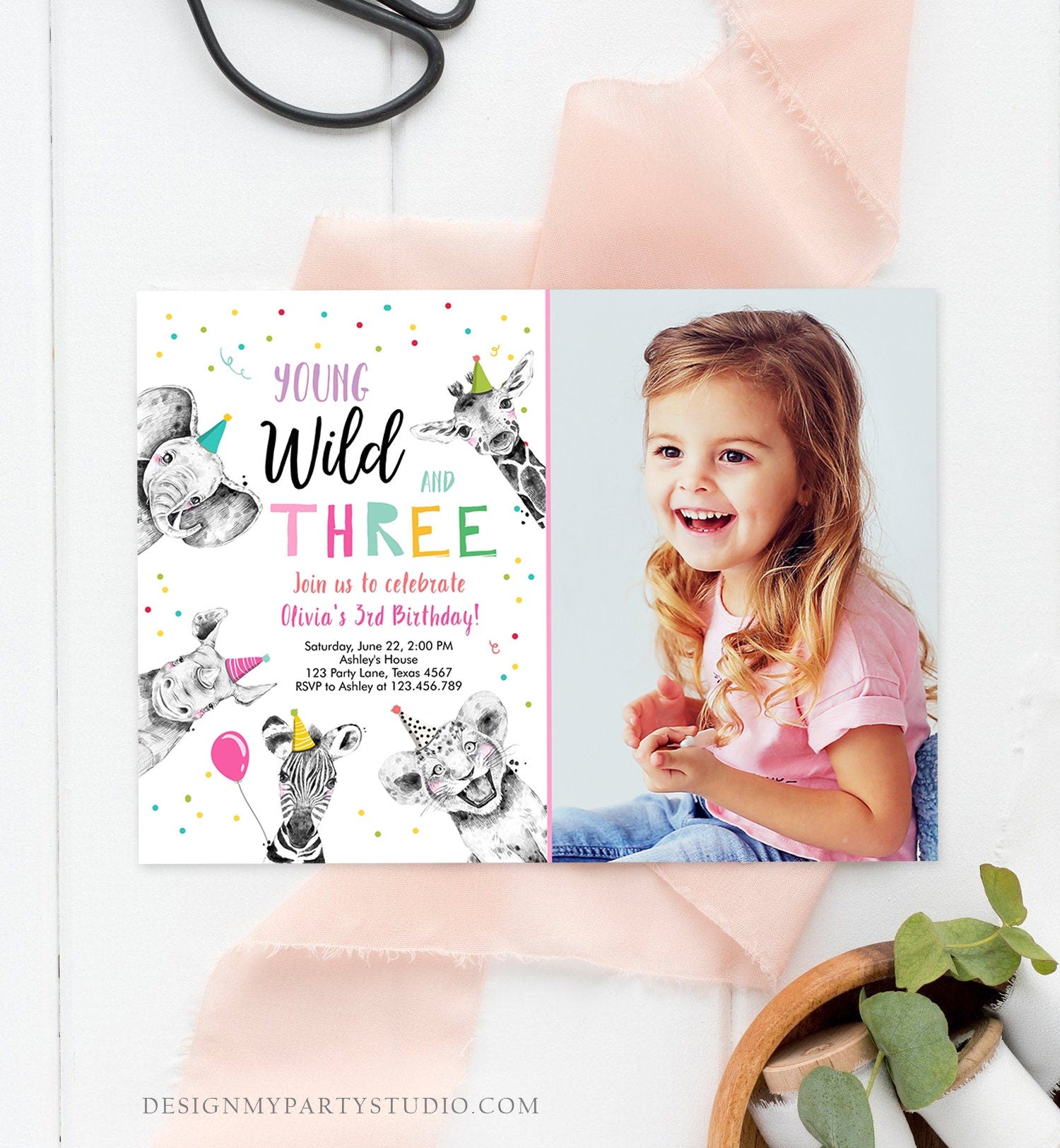 Editable Young Wild and Three Birthday Invitation Girl Pink and Gold Safari Party Animals Digital Download Evite Template Printable 0390