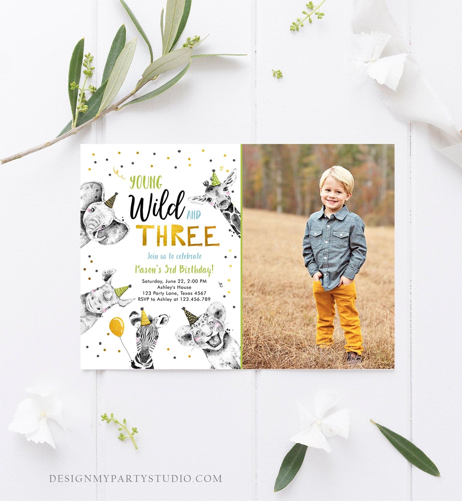 Editable Young Wild and Three Birthday Invitation Boy Green Gold Third 3rd Safari Animals Digital Download Evite Template Printable 0390