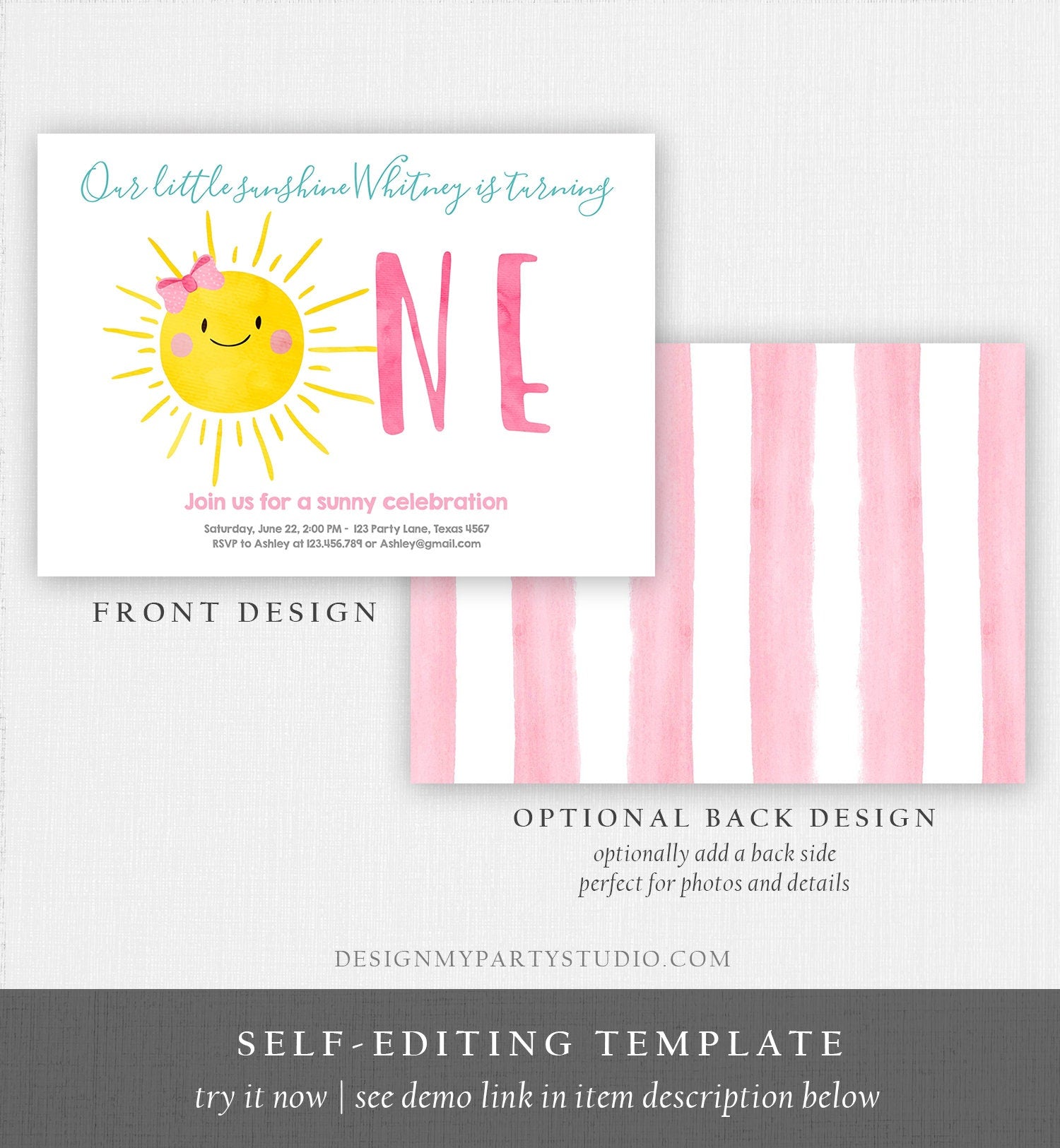 Editable Our Little Sunshine Birthday Invitation Sunshine First Birthday 1st Party Pink Girl Bow Digital Download Template Printable 0141