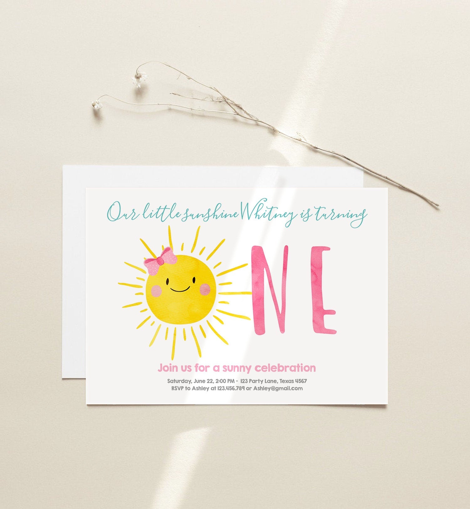 Editable Our Little Sunshine Birthday Invitation Sunshine First Birthday 1st Party Pink Girl Bow Digital Download Template Printable 0141