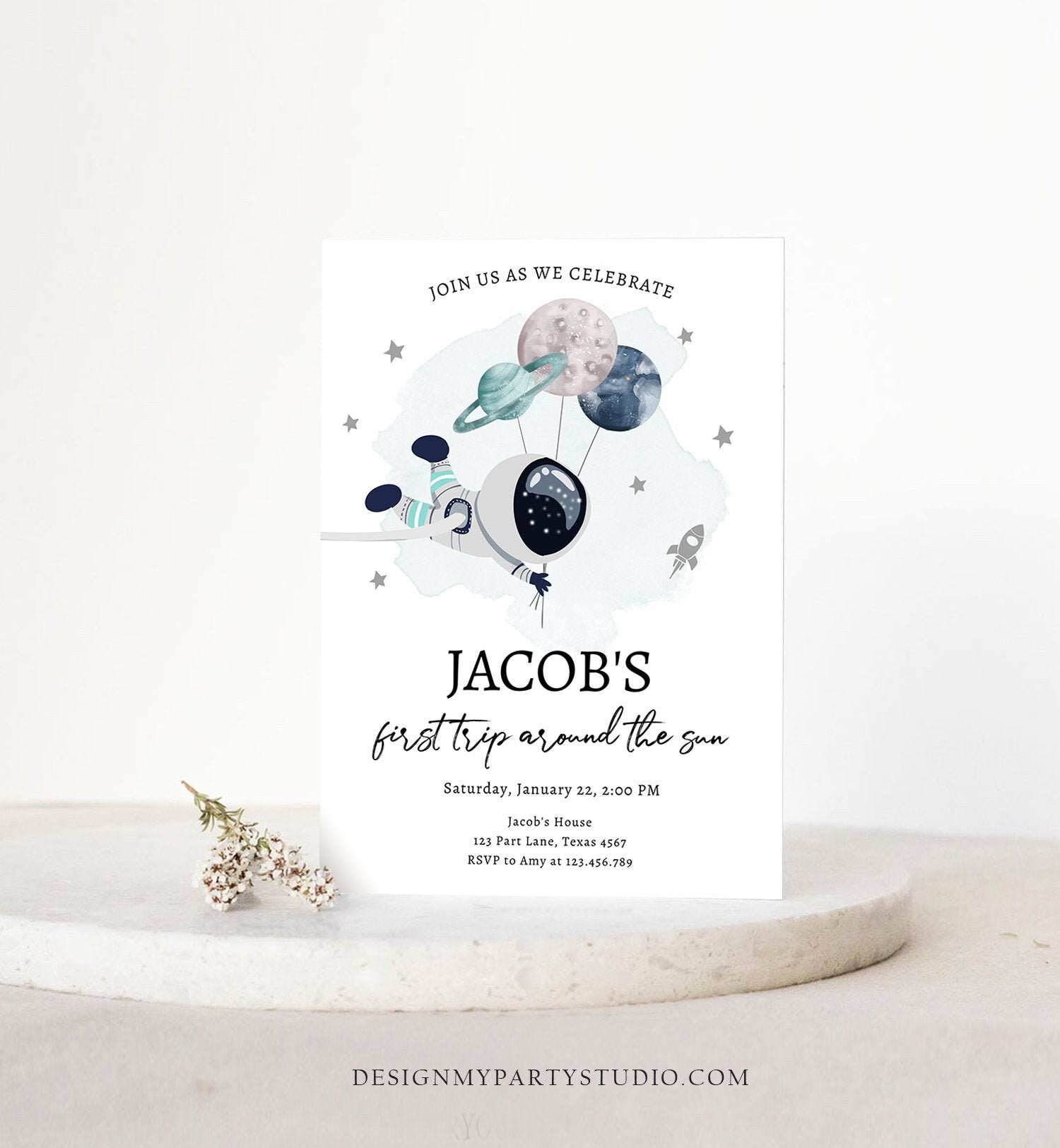 Editable Out of This World Birthday Invitation Outer Space Planets Rocket Ship Galaxy Astronaut Silver Boy Digital Template Printable 0366