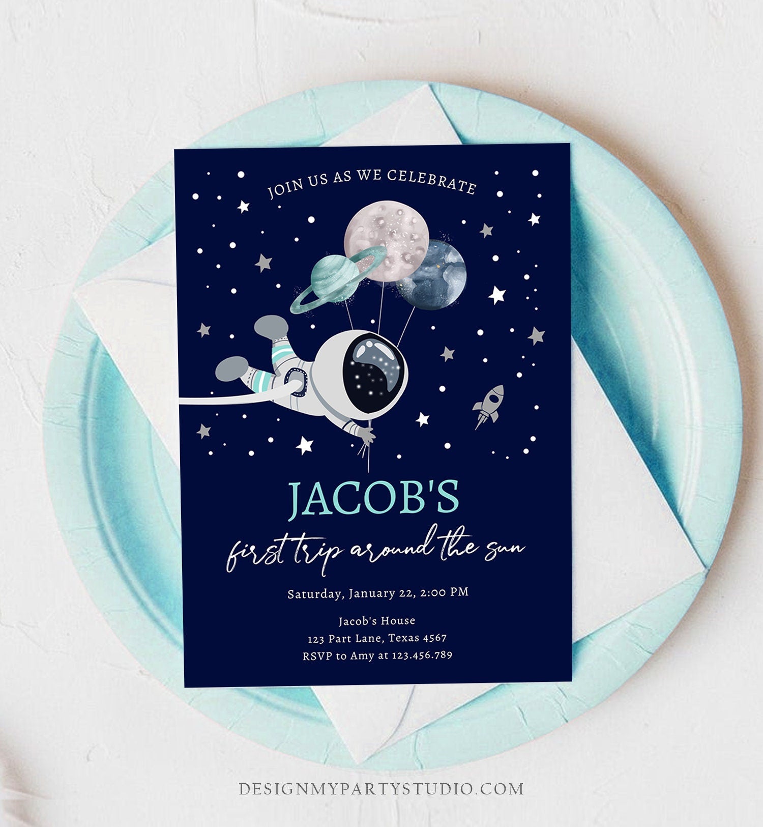 Editable Out of This World Birthday Invitation Outer Space Planets Rocket Ship Galaxy Astronaut Silver Boy Digital Template Printable 0366