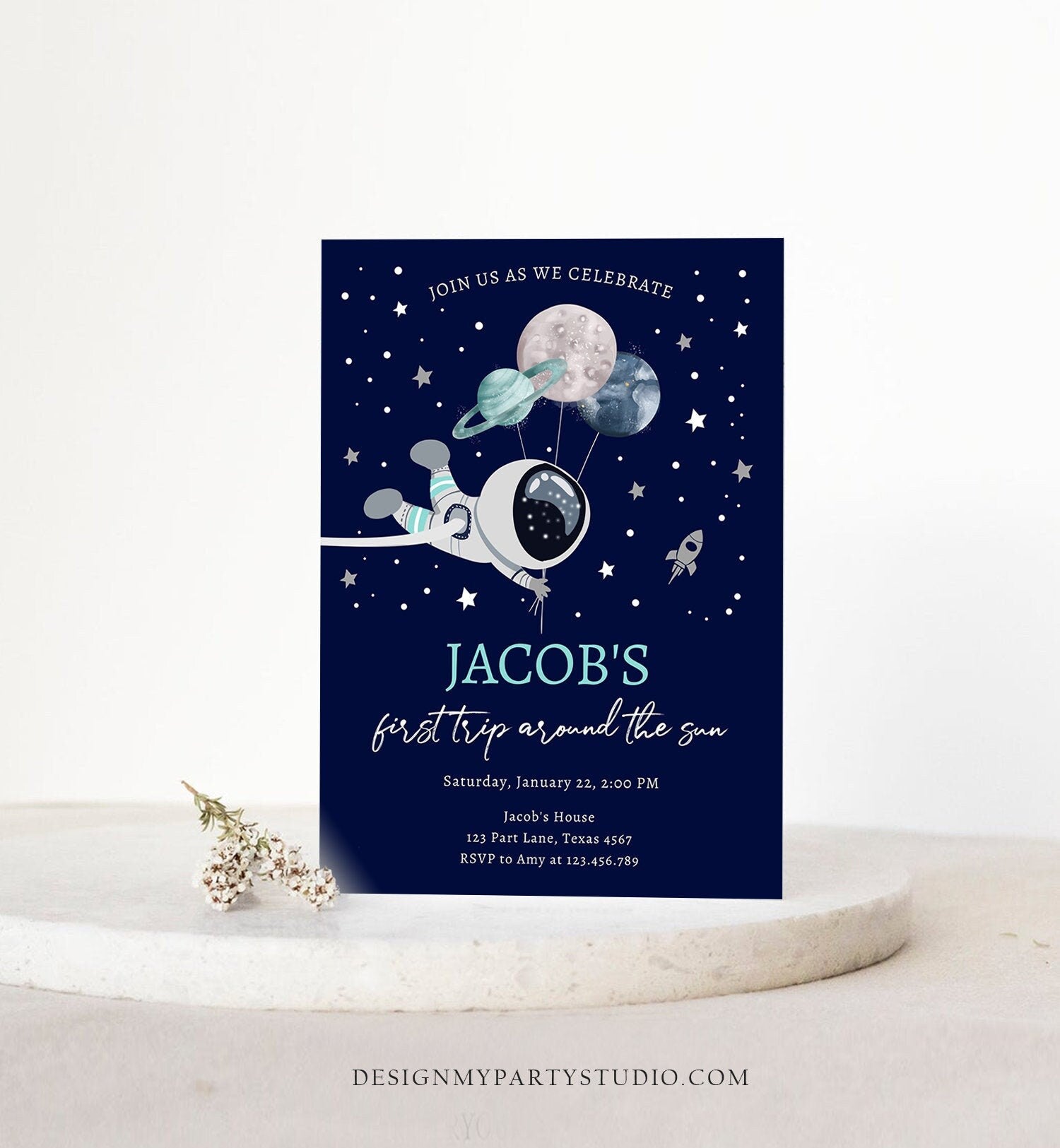 Editable Out of This World Birthday Invitation Outer Space Planets Rocket Ship Galaxy Astronaut Silver Boy Digital Template Printable 0366