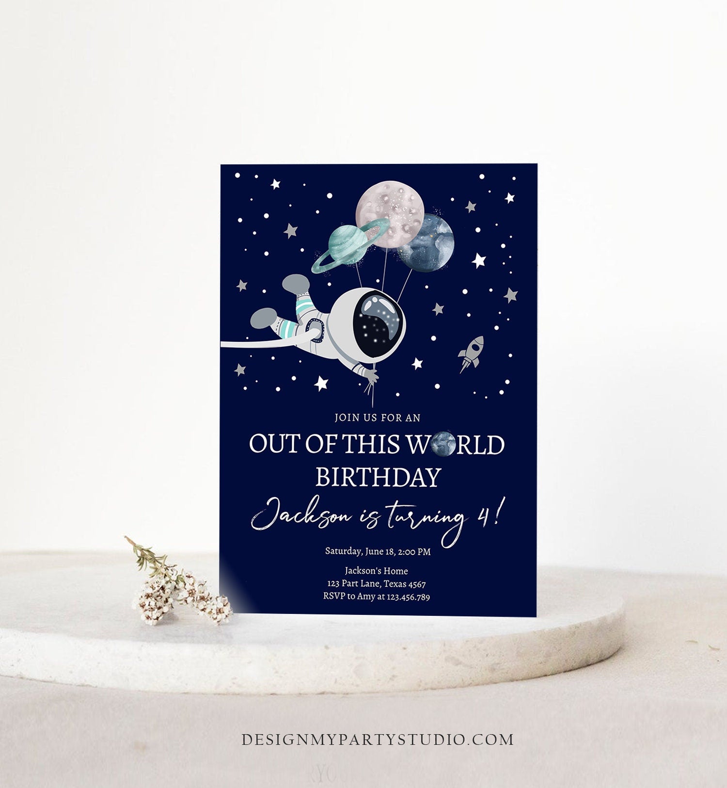 Editable Out of This World Birthday Invitation Outer Space Planets Rocket Ship Galaxy Astronaut Silver Boy Digital Template Printable 0366