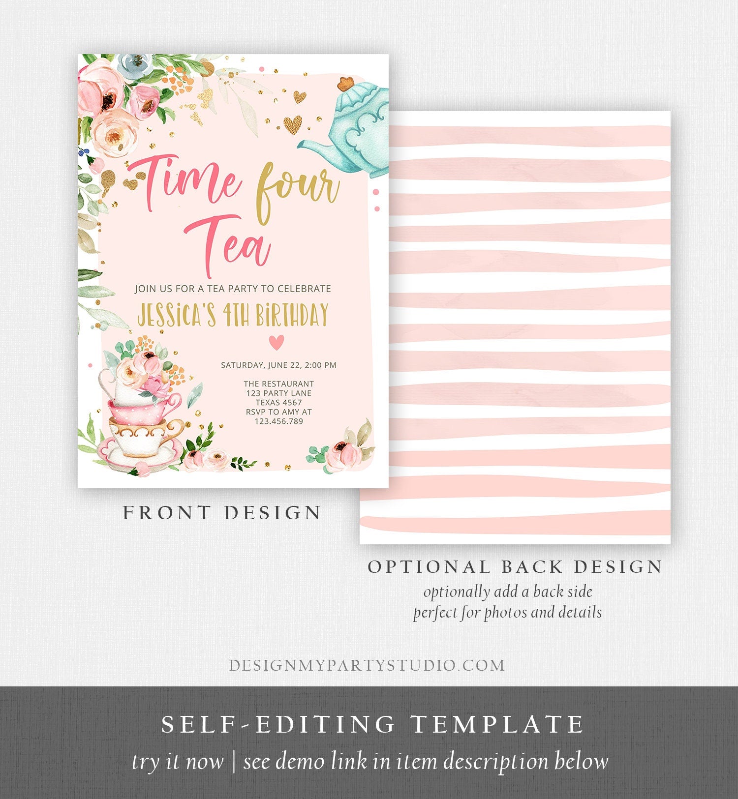 Editable Tea Party Birthday Invitation Four Par-Tea Birthday Invite Pink Gold Floral 4th Download Printable Template Corjl Digital 0349