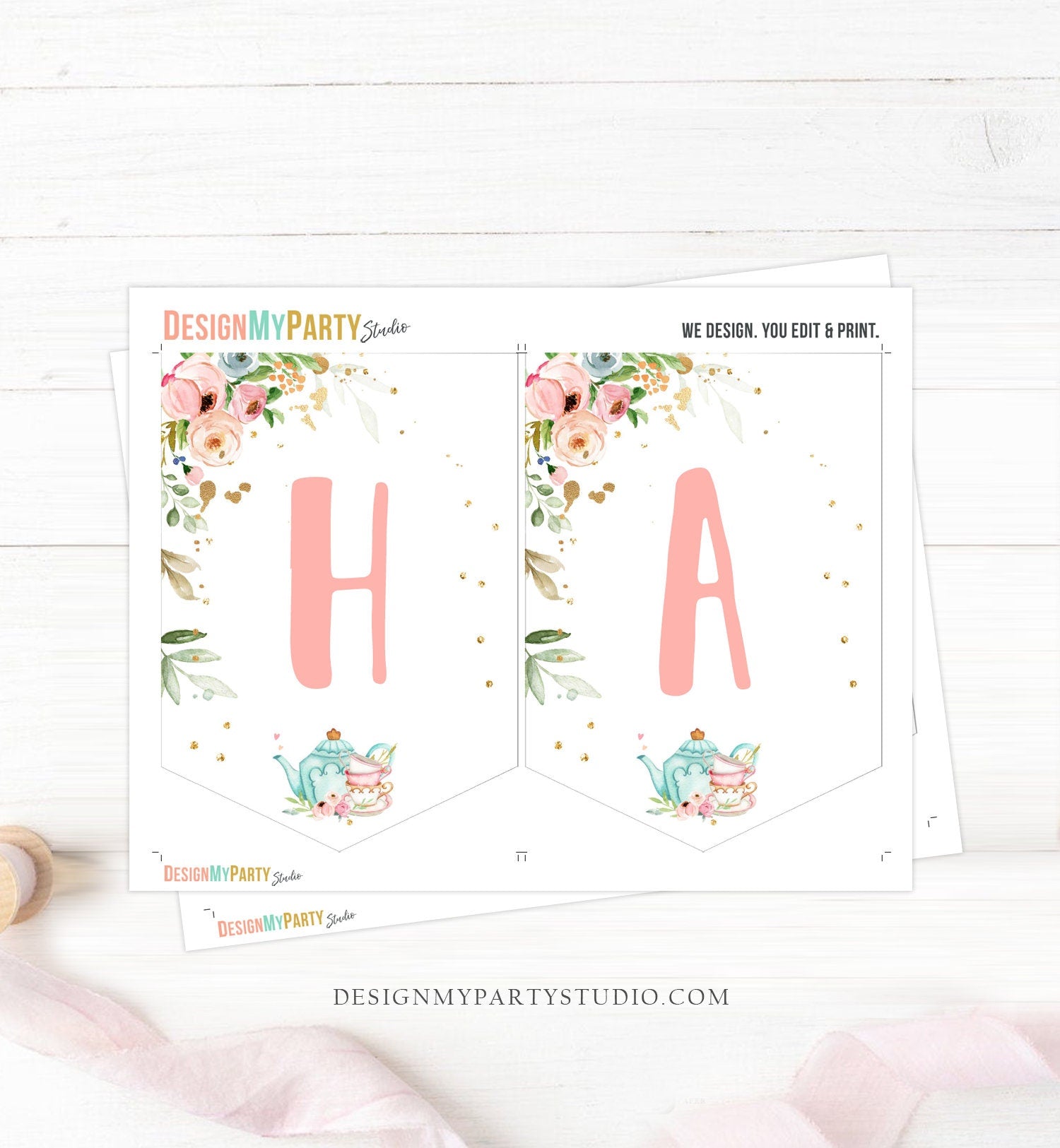 Tea Happy Birthday Banner Par-Tea Bunting Floral Tea Garden Party Girl Pink Tea for Two Tea Party Decor Mint Garland PRINTABLE Digital 0349