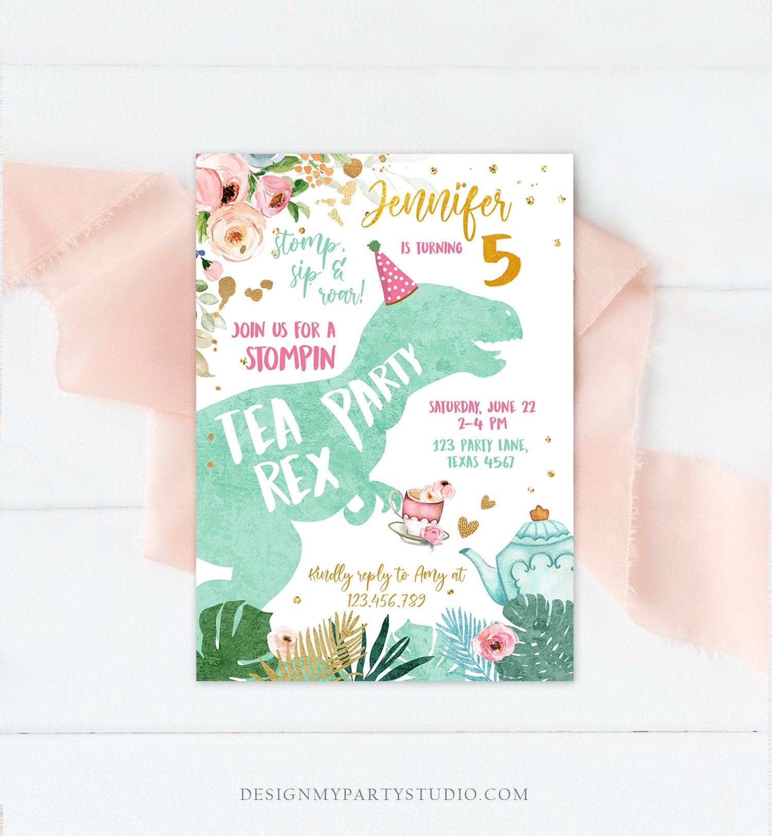 Editable Dinosaur Tea Party Invitation Tea Rex Birthday Par-Tea Pink Mint Gold Floral Tea Rex Download Printable Template Evite Digital 0400