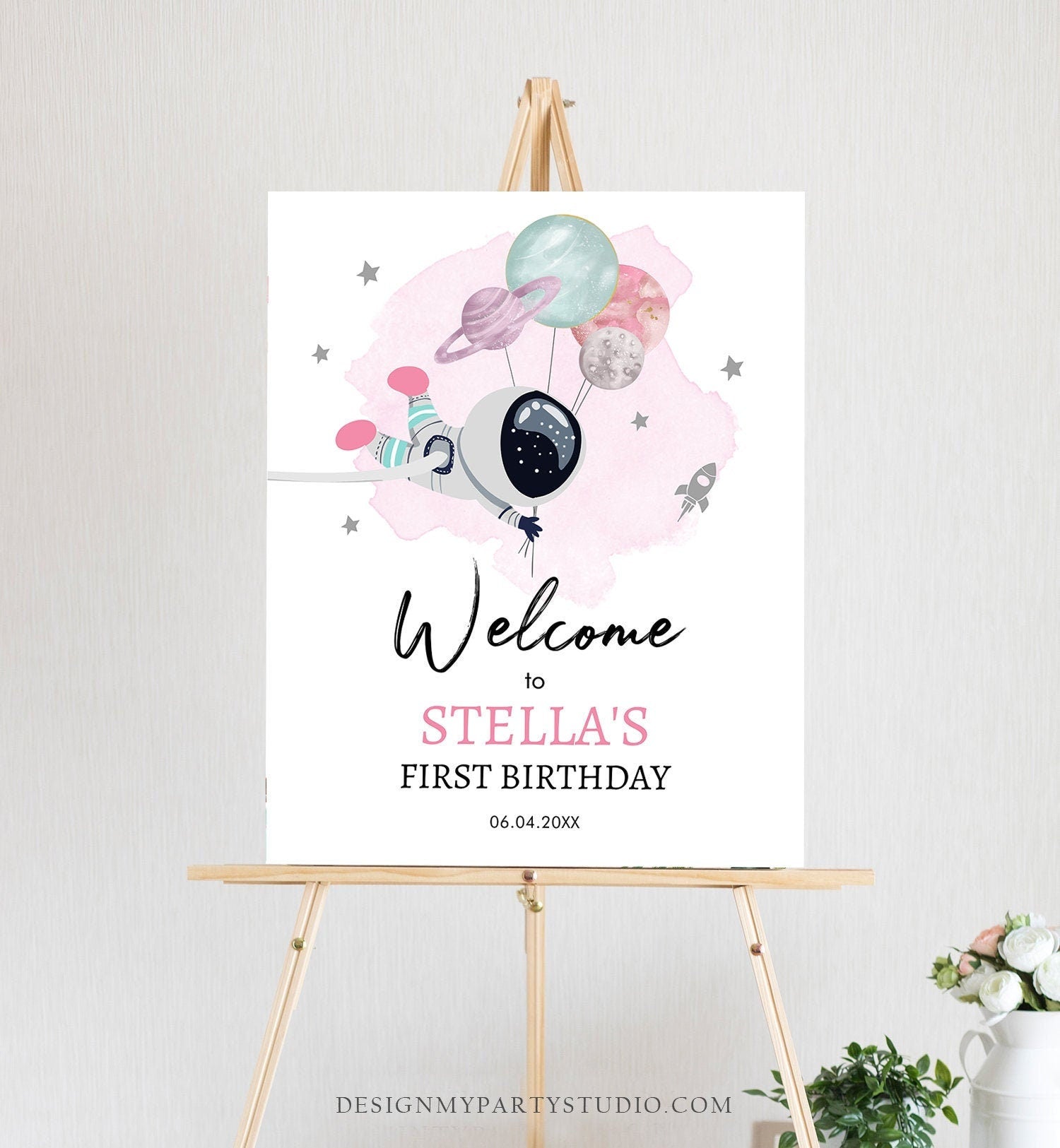 Editable Outer Space Birthday Welcome Sign 1st Birthday Girl Pink Galaxy Planets Trip Around the Sun Astronaut Template Printable 0366