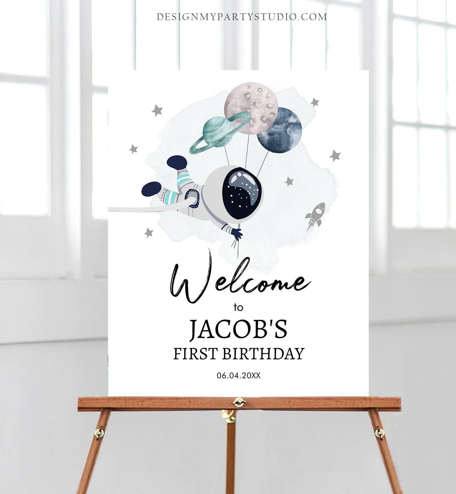 Editable Outer Space Birthday Welcome Sign 1st Birthday Boy Galaxy Planets Trip Around the Sun Astronaut Digital Template Printable 0366