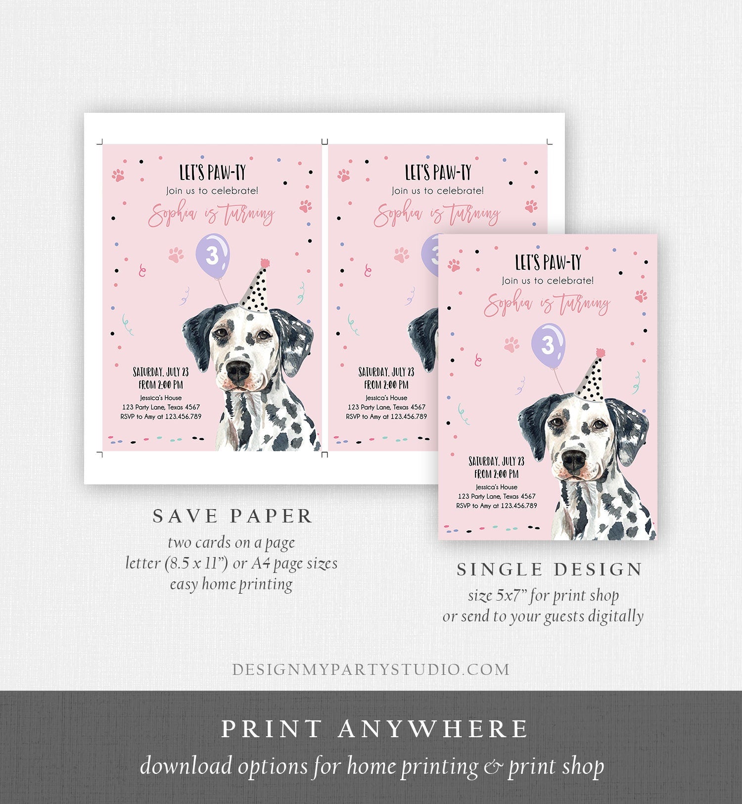 Editable Dog Birthday Party Invitation Dalmatian Birthday Pink Girl Come Sit Stay Party Animal Digital Download Template Printable 0384