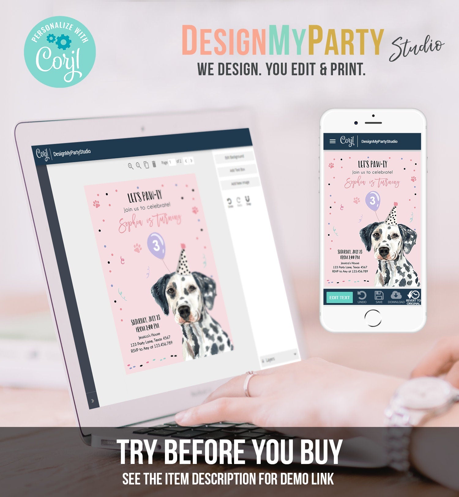 Editable Dog Birthday Party Invitation Dalmatian Birthday Pink Girl Come Sit Stay Party Animal Digital Download Template Printable 0384