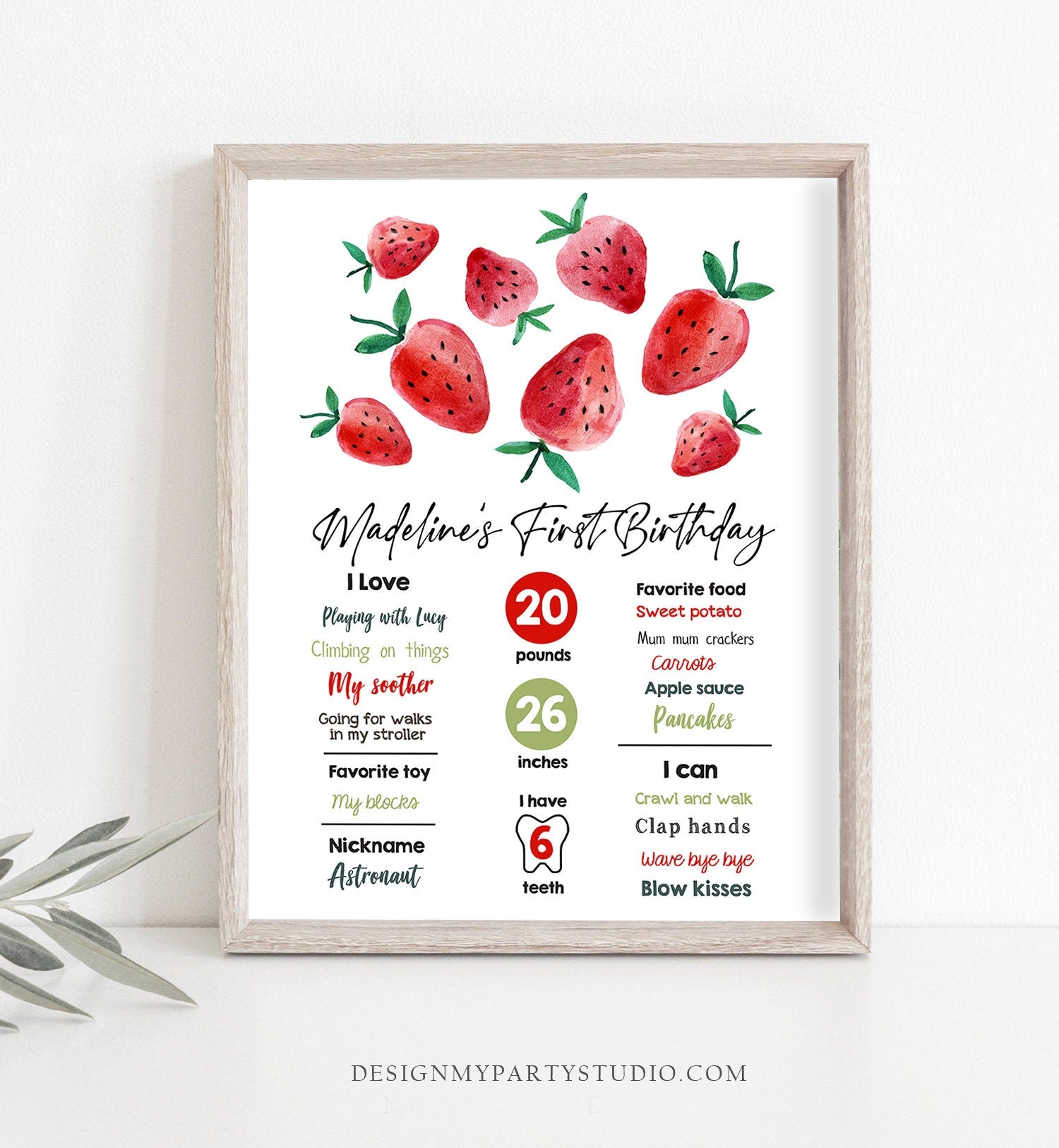 Editable Strawberry Birthday Milestones Sign Strawberry First Birthday Girl Strawberries Watercolor Digital Download Template Printable 0399