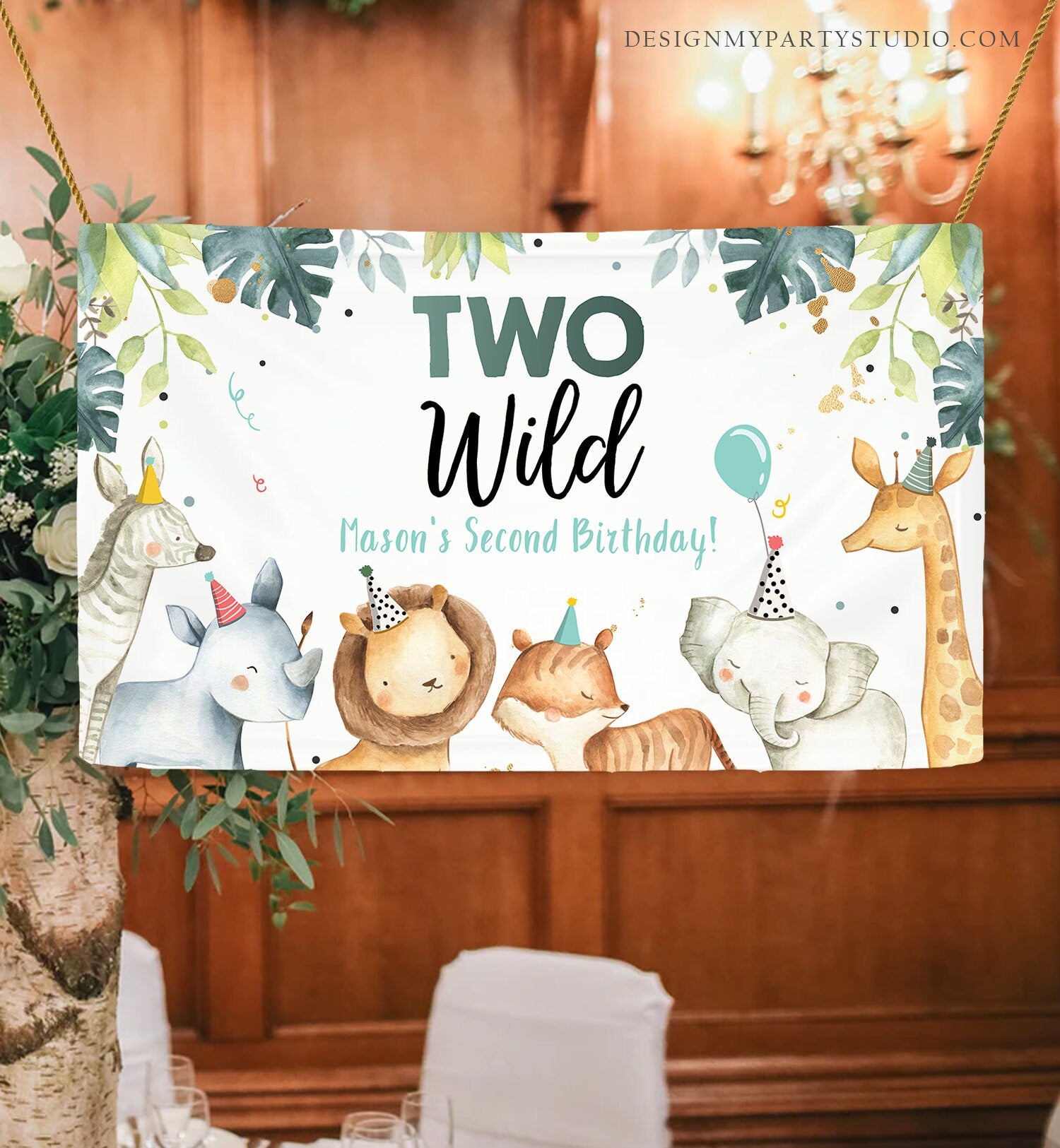 Editable Two Wild Safari Animals Birthday Backdrop Banner Party Animals Boy Second Birthday 2nd Welcome Sign Digital Template Printable 0163