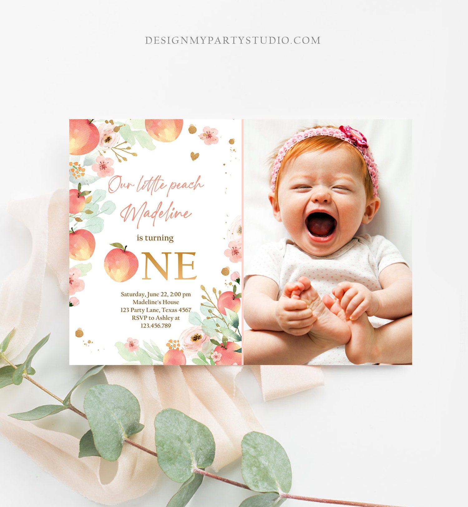 Editable Little Peach Birthday Invitation First Birthday Floral Gold Girl Peach 1st Peaches Digital Download Evite Template Printable 0401