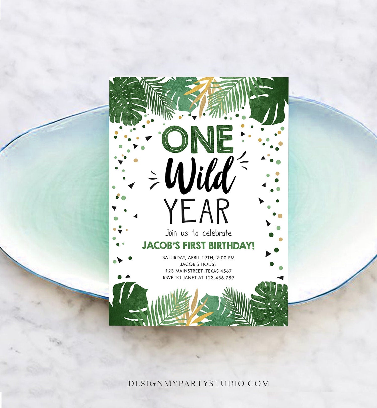 Editable One Wild Year Birthday Invitation Boy Tropical Safari Pink Jungle Wild One Wild Child Gold Digital Download Template Printable 0332